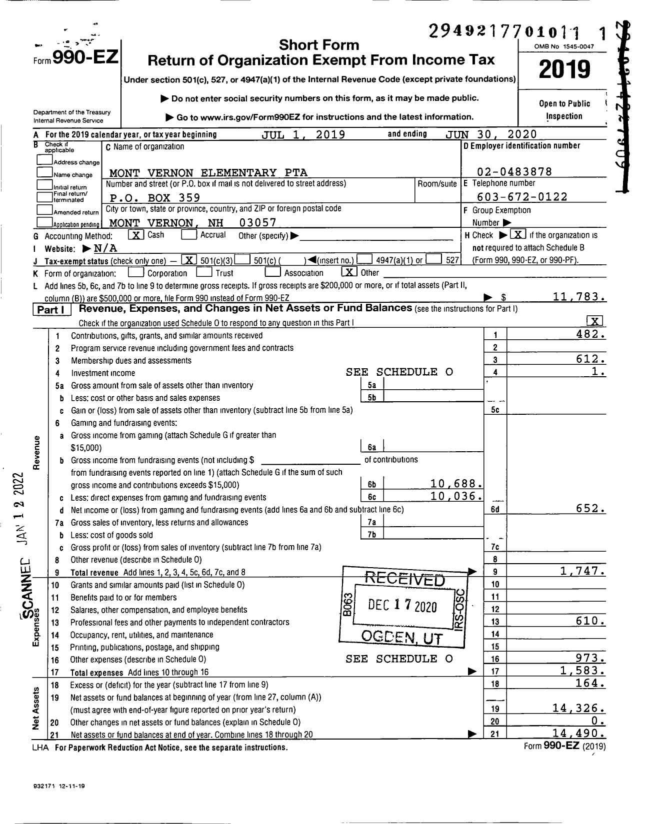 Image of first page of 2019 Form 990EZ for New Hampshire Congress of Parents and Teachers / Mont Vernon PTA