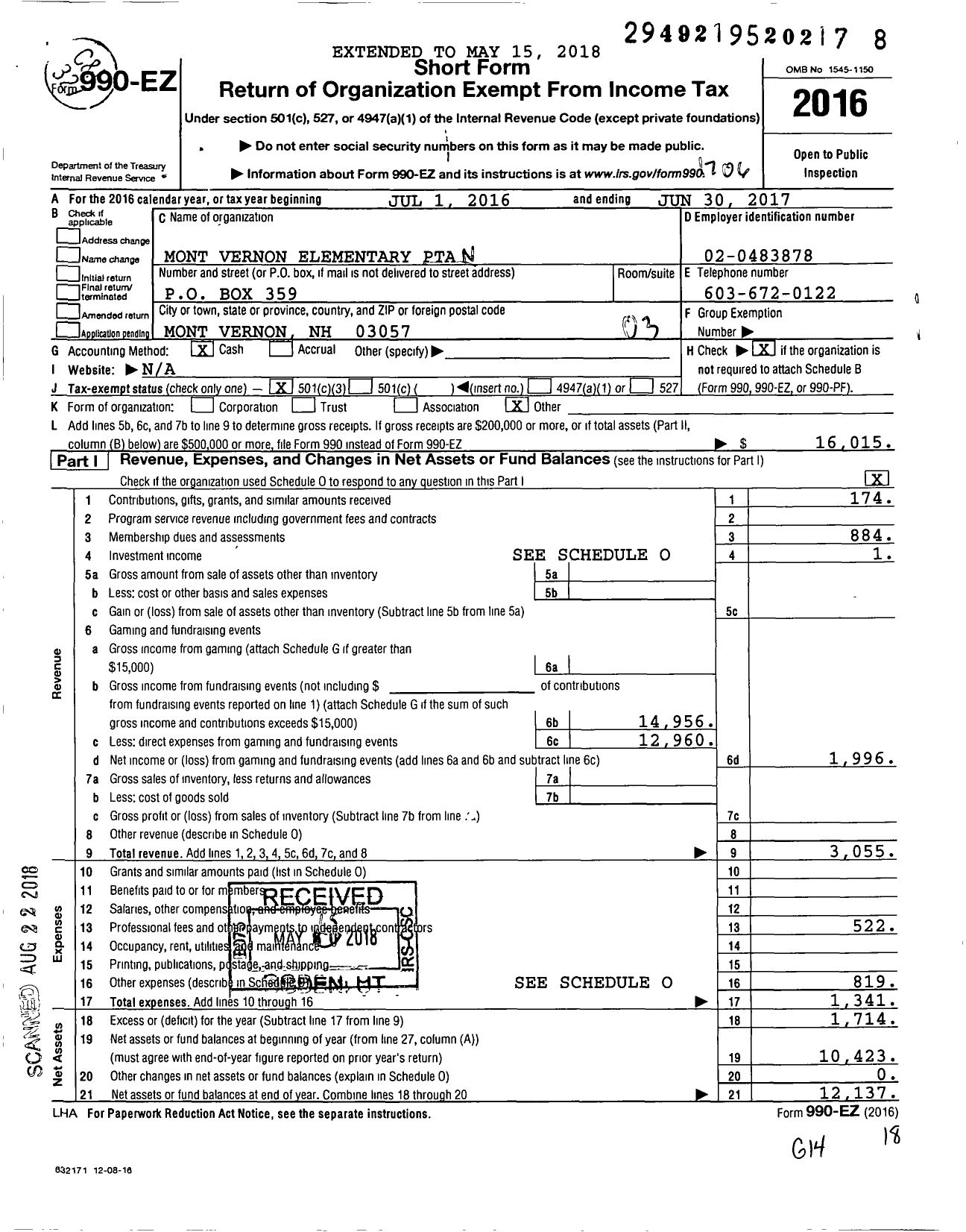 Image of first page of 2016 Form 990EZ for New Hampshire Congress of Parents and Teachers / Mont Vernon PTA