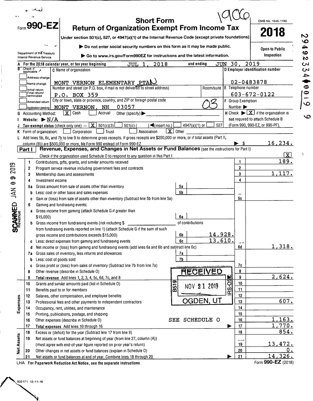 Image of first page of 2018 Form 990EZ for New Hampshire Congress of Parents and Teachers / Mont Vernon PTA