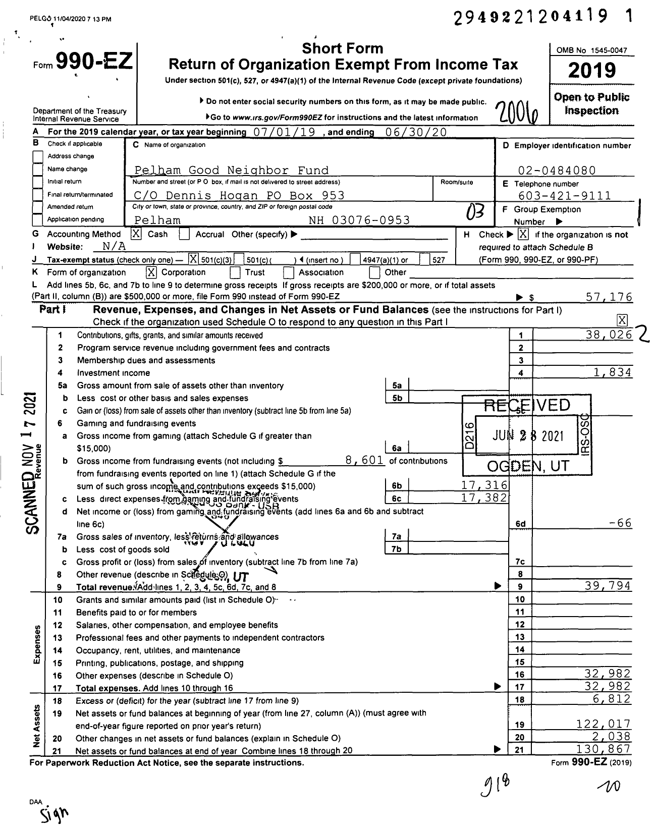 Image of first page of 2019 Form 990EZ for Pelham Good Neighbor Fund