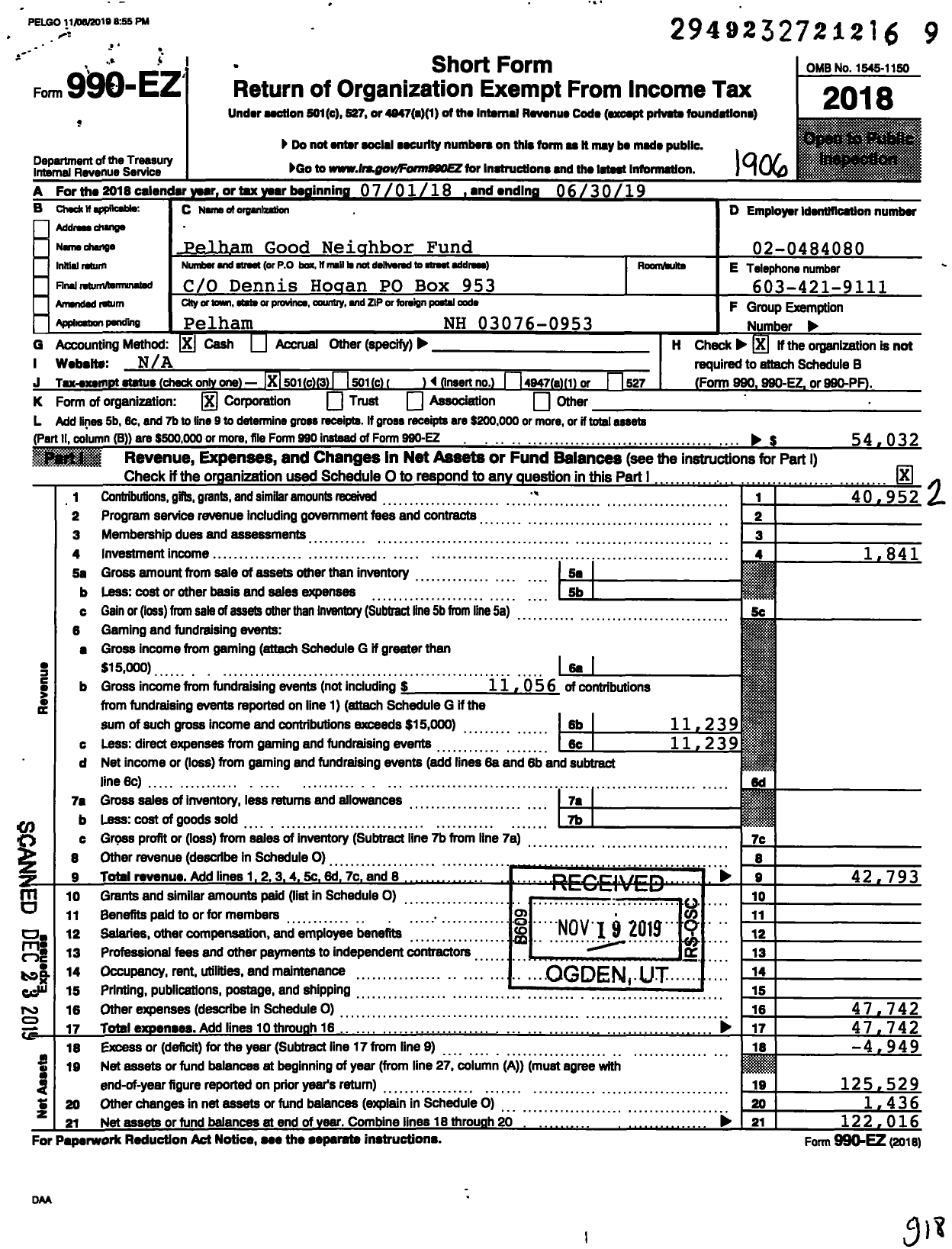 Image of first page of 2018 Form 990EZ for Pelham Good Neighbor Fund