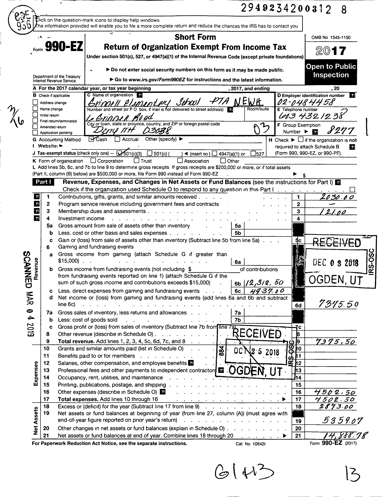 Image of first page of 2017 Form 990EZ for New Hampshire Congress of Parents and Teachers / Grinnell PTA