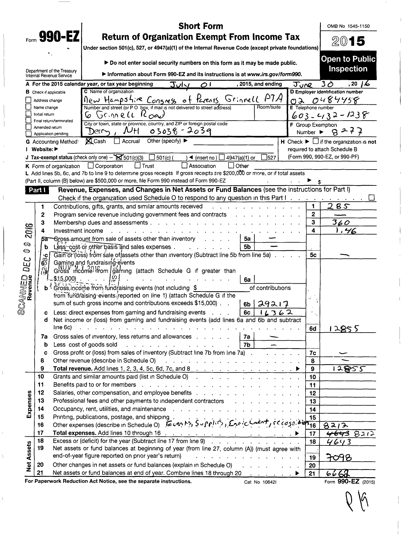 Image of first page of 2015 Form 990EZ for New Hampshire Congress of Parents and Teachers / Grinnell PTA