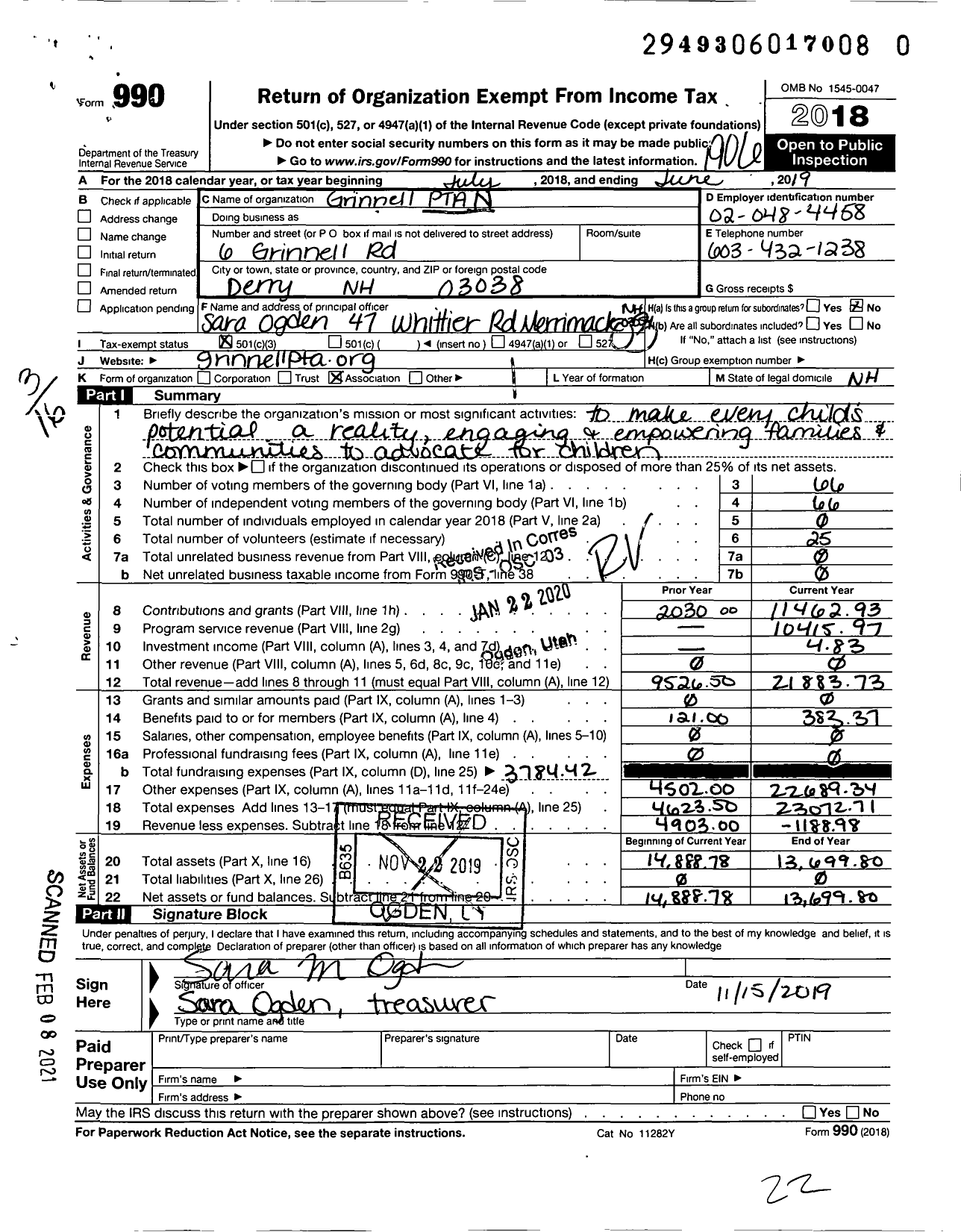 Image of first page of 2018 Form 990 for New Hampshire Congress of Parents and Teachers / Grinnell PTA