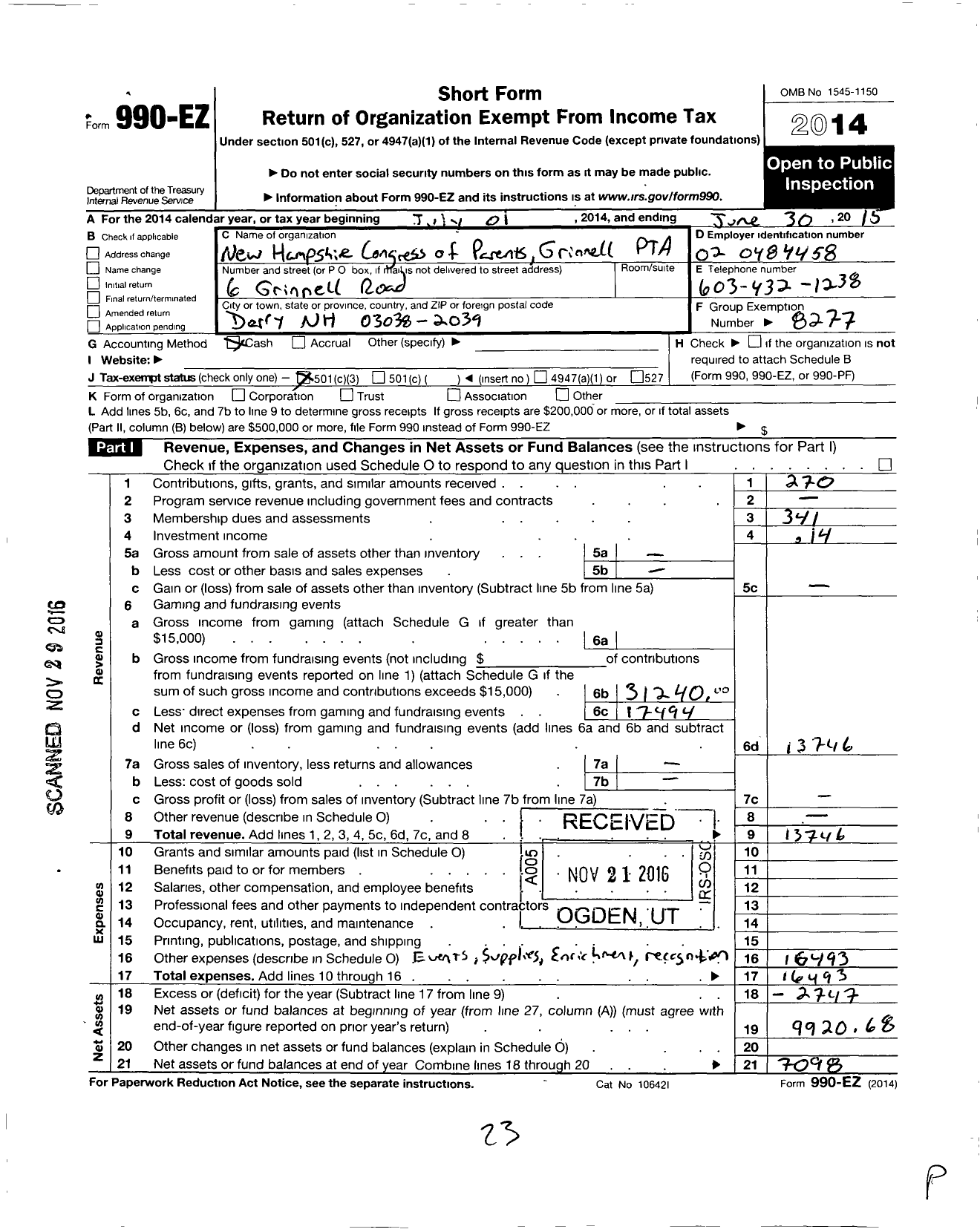 Image of first page of 2014 Form 990EZ for New Hampshire Congress of Parents and Teachers / Grinnell PTA