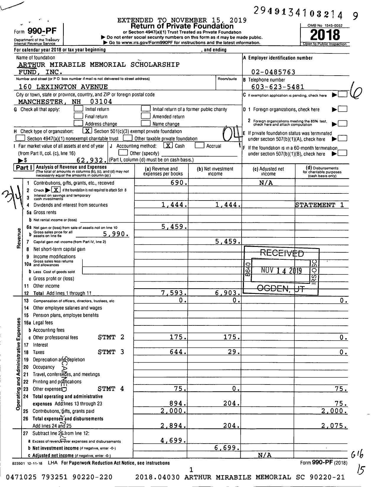 Image of first page of 2018 Form 990PF for Arthur Mirabile Memorial Scholarship Fund