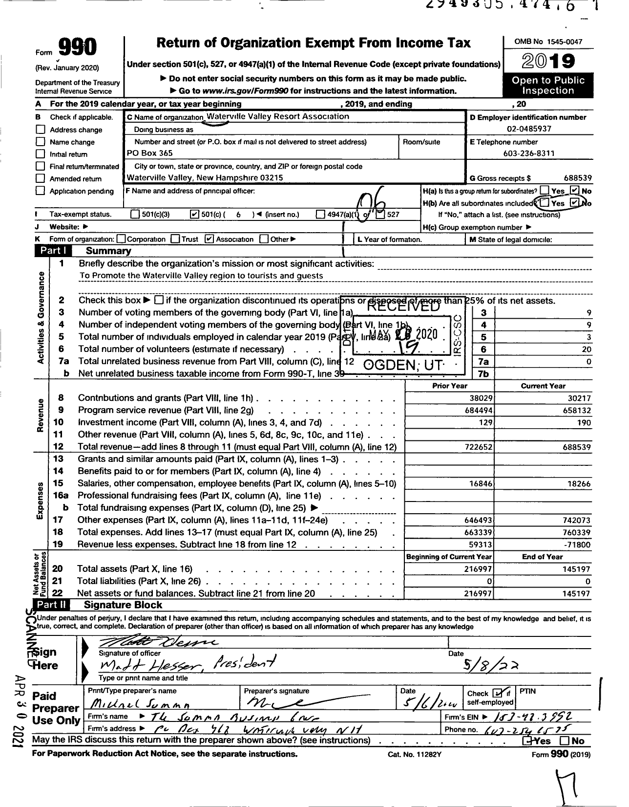 Image of first page of 2019 Form 990O for Waterville Valley Resort Association