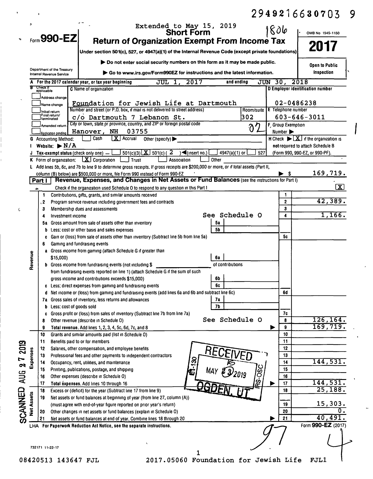 Image of first page of 2017 Form 990EO for Foundation for Jewish Life at Dartmouth