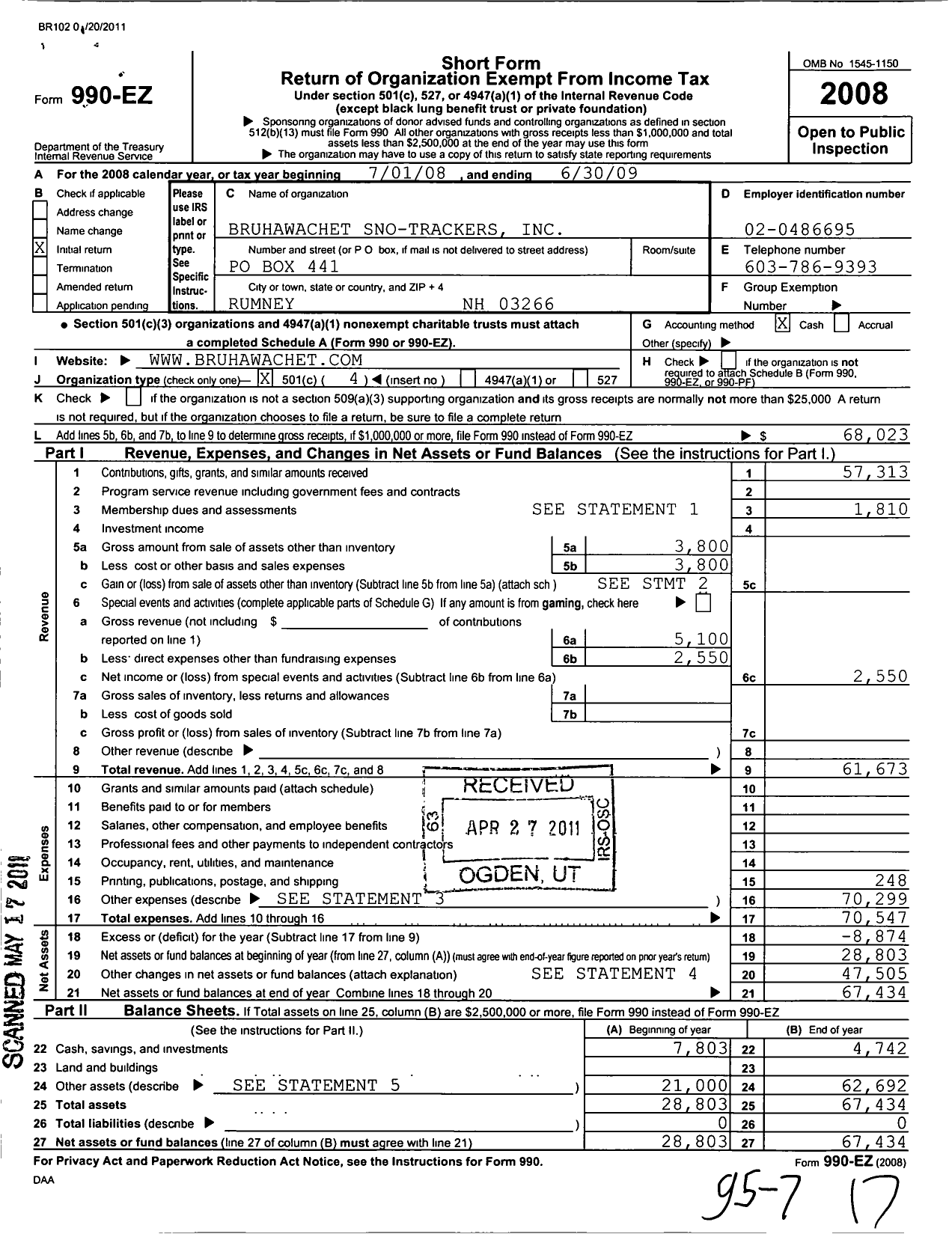 Image of first page of 2008 Form 990EO for Bruhawachet Sno Trackers