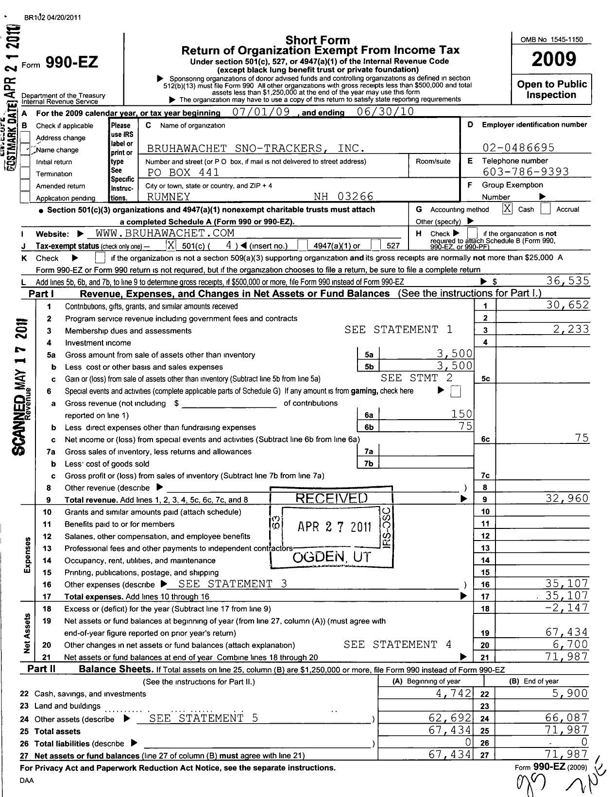 Image of first page of 2009 Form 990EO for Bruhawachet Sno Trackers