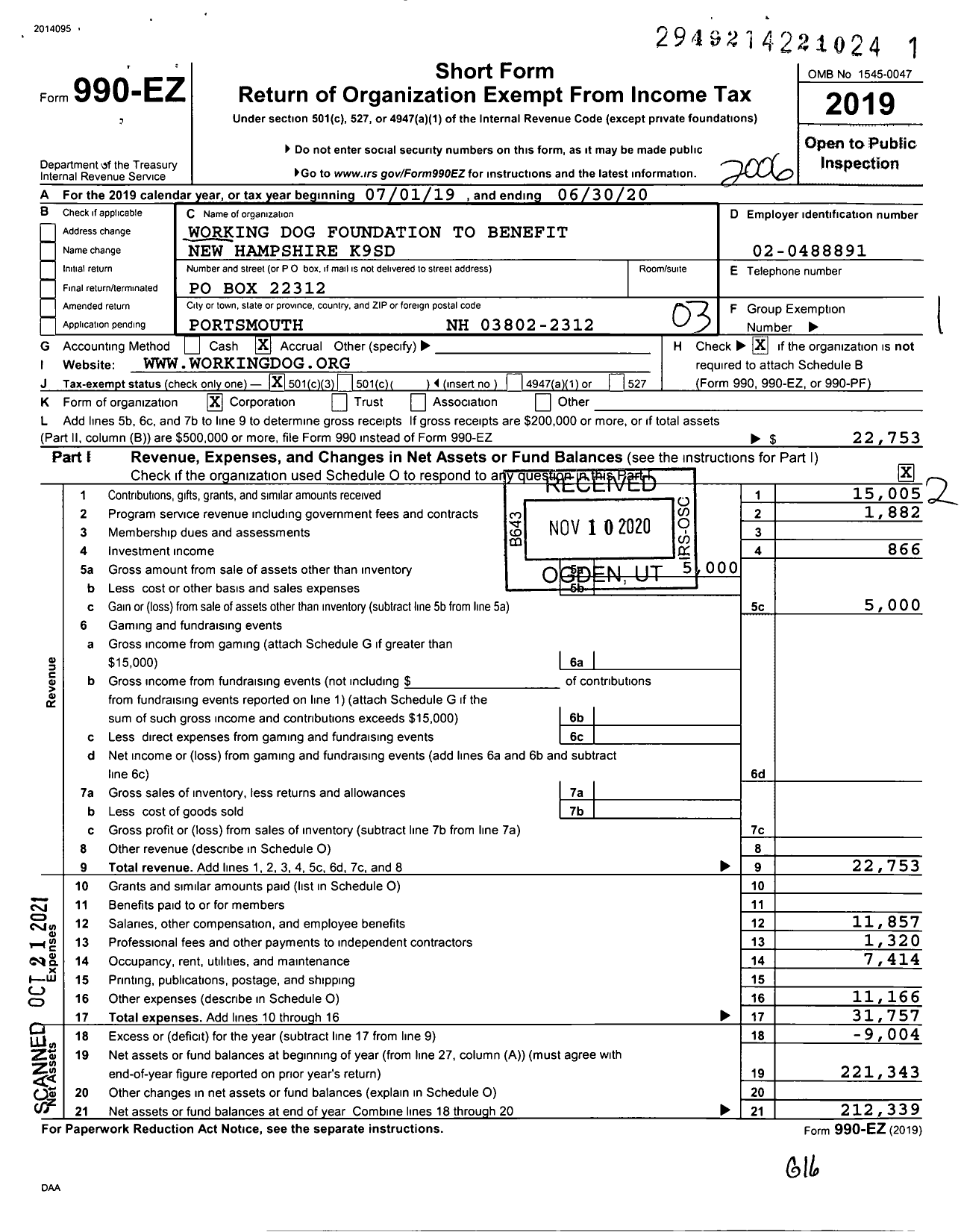 Image of first page of 2019 Form 990EZ for Working Dog Foundation To Benefit New Hampshire Kids