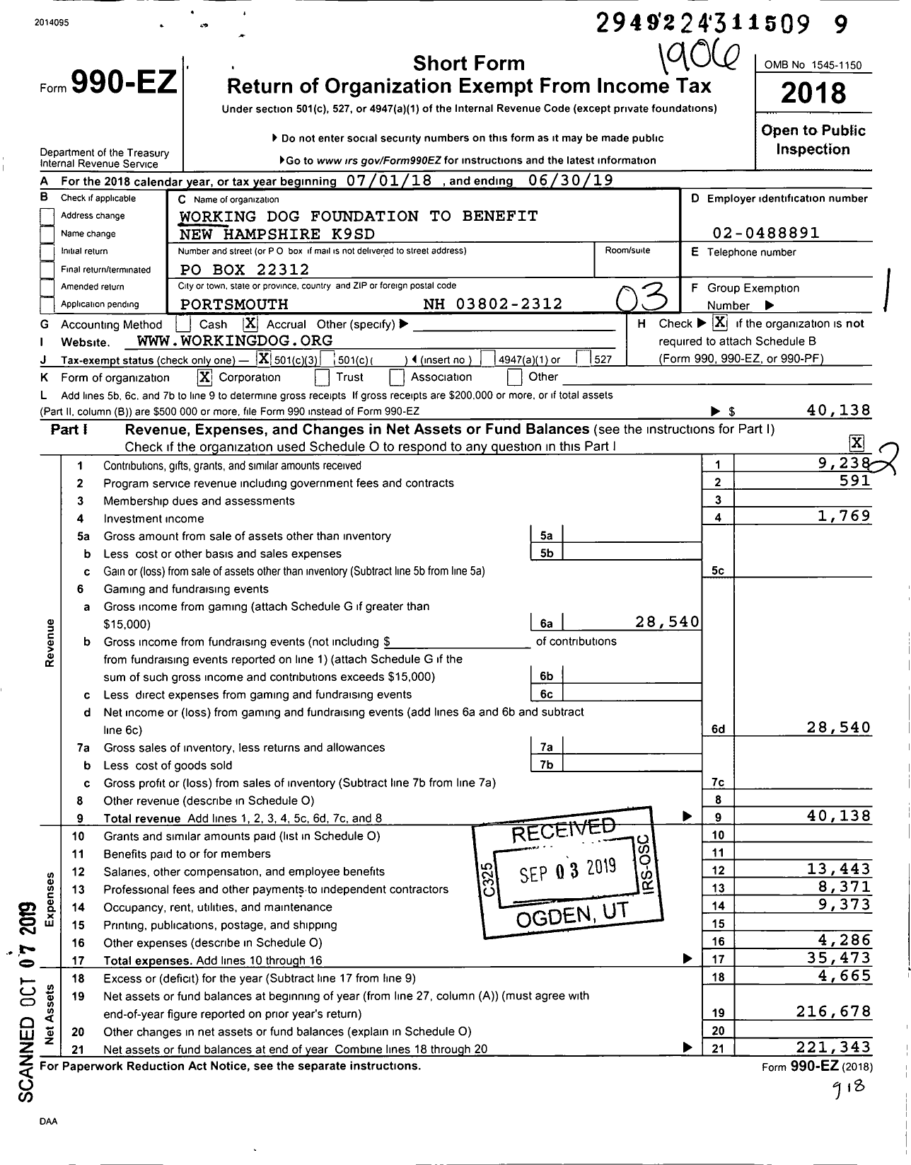 Image of first page of 2018 Form 990EZ for Working Dog Foundation To Benefit New Hampshire Kids