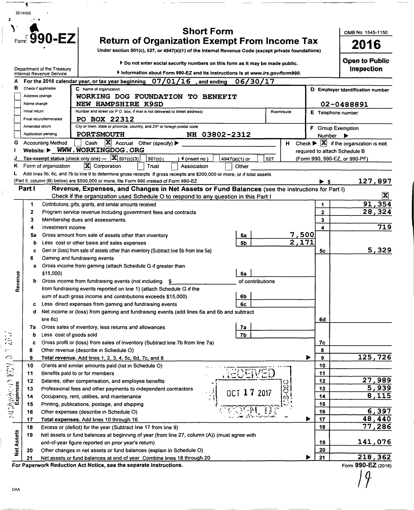 Image of first page of 2016 Form 990EZ for Working Dog Foundation To Benefit New Hampshire Kids