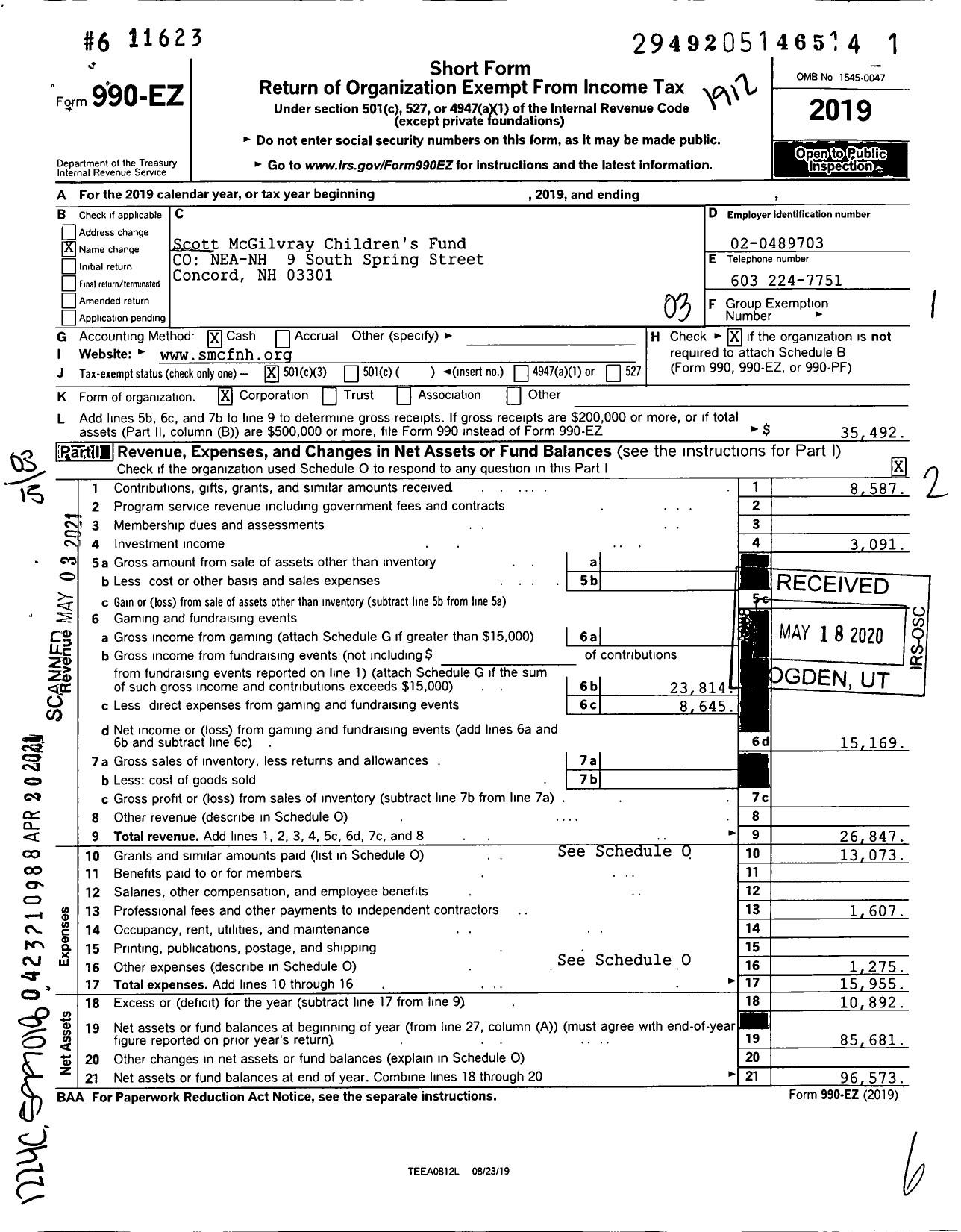 Image of first page of 2019 Form 990EZ for Scott McGilvray Childrens Fund