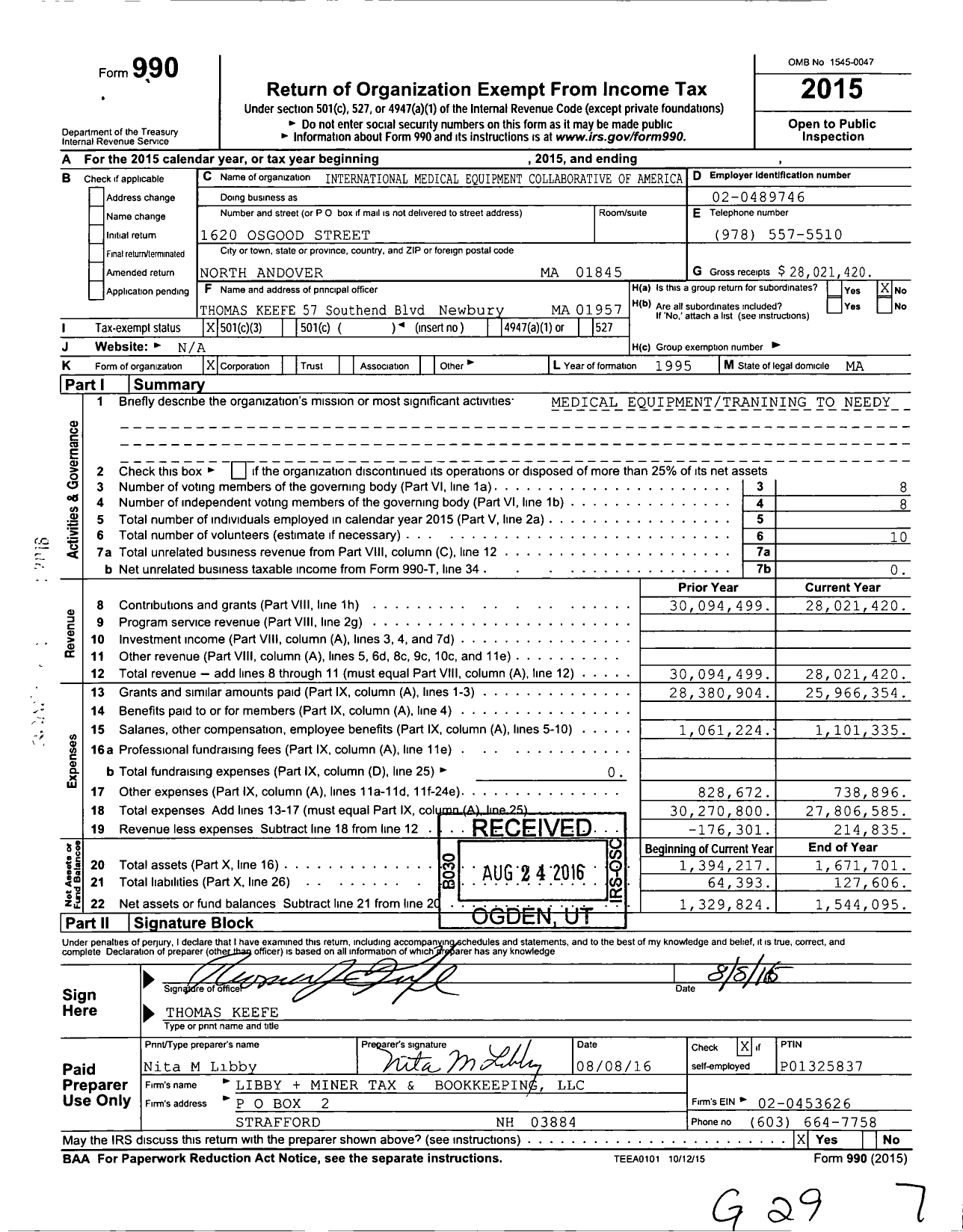 Image of first page of 2015 Form 990 for International Medicine Equipment Callobrative of America (IMEC)