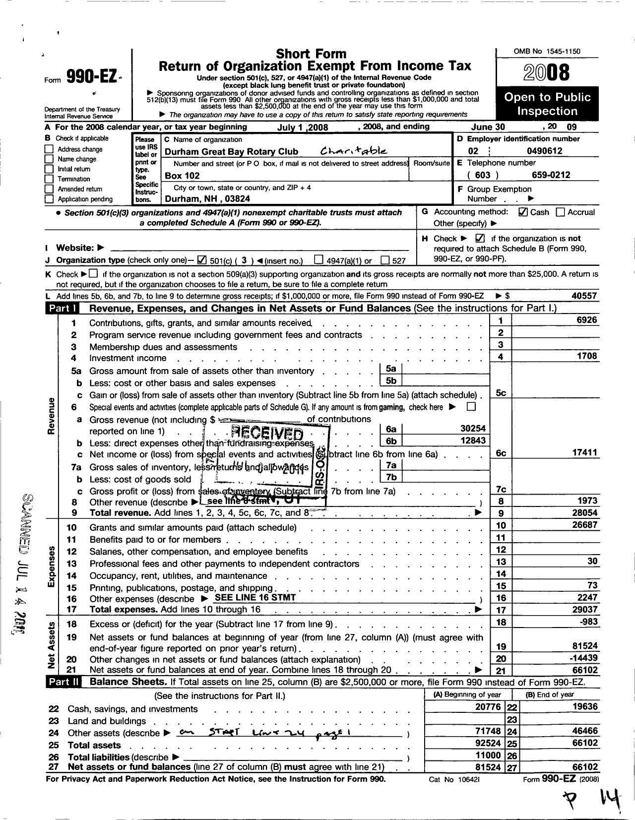 Image of first page of 2008 Form 990EZ for The Rotary Club of Durham-Great Bay