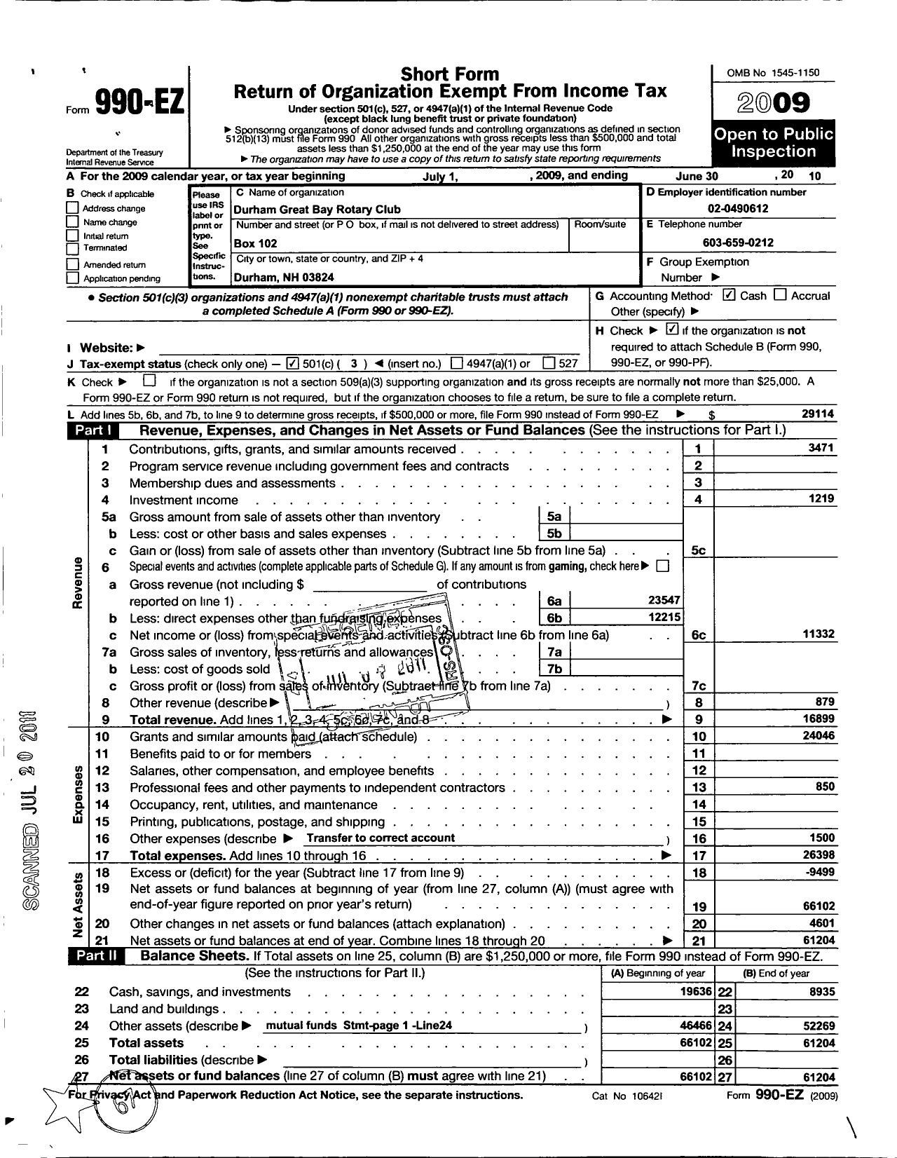 Image of first page of 2009 Form 990EZ for The Rotary Club of Durham-Great Bay