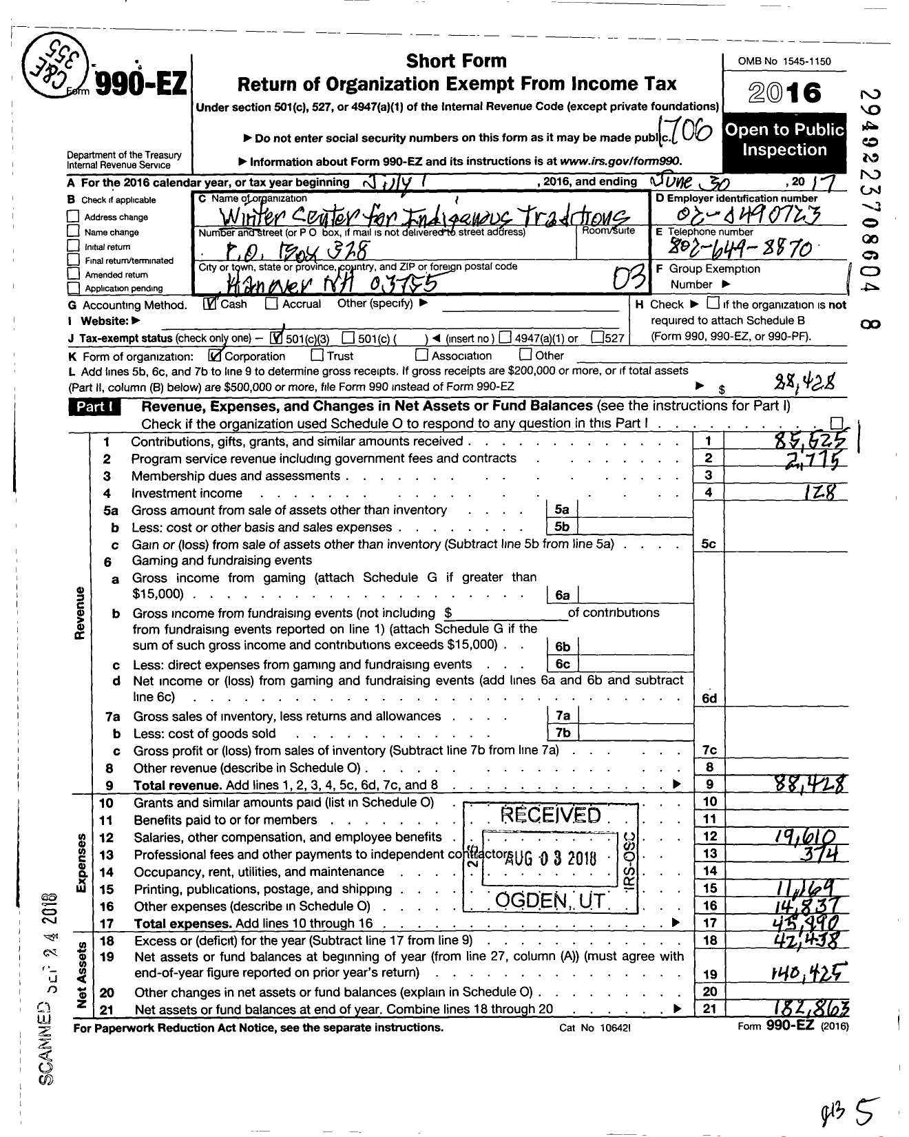 Image of first page of 2016 Form 990EZ for Winter Center for Indigenous Traditions