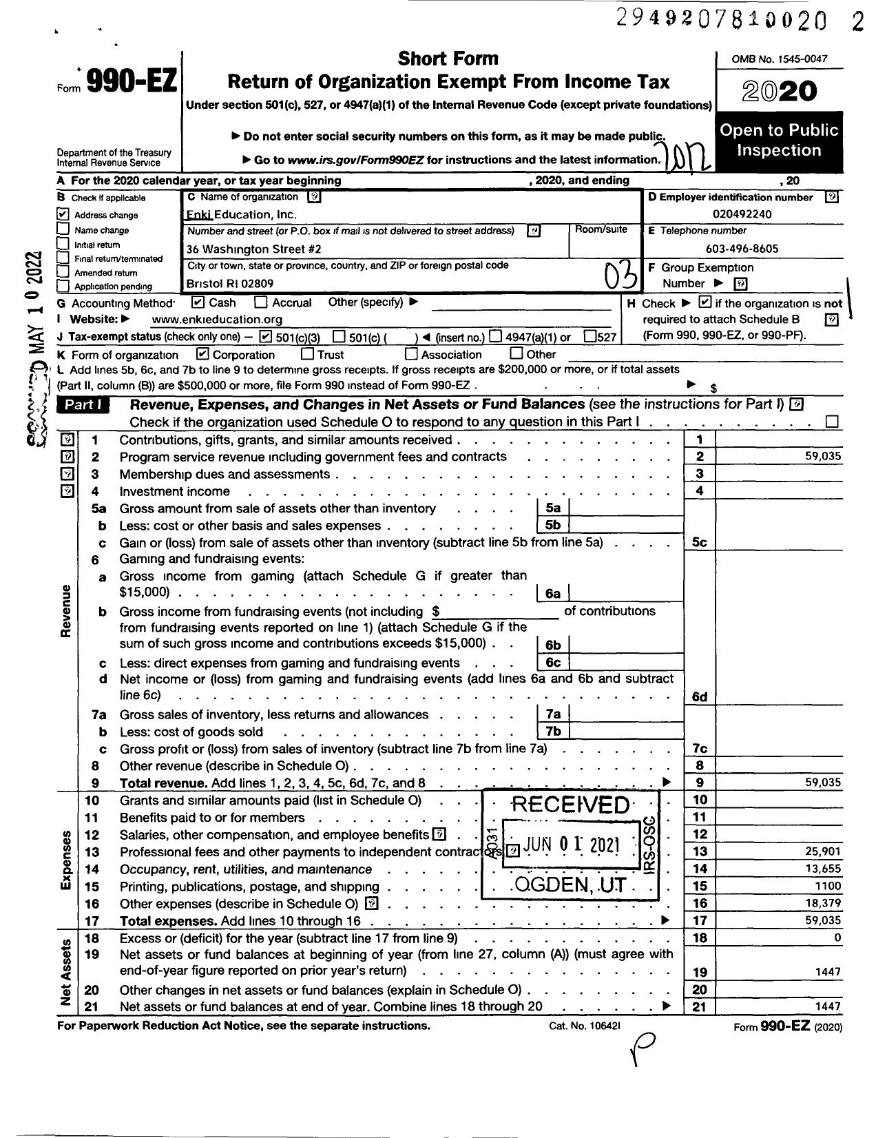 Image of first page of 2020 Form 990EZ for Enki Education Incorporated