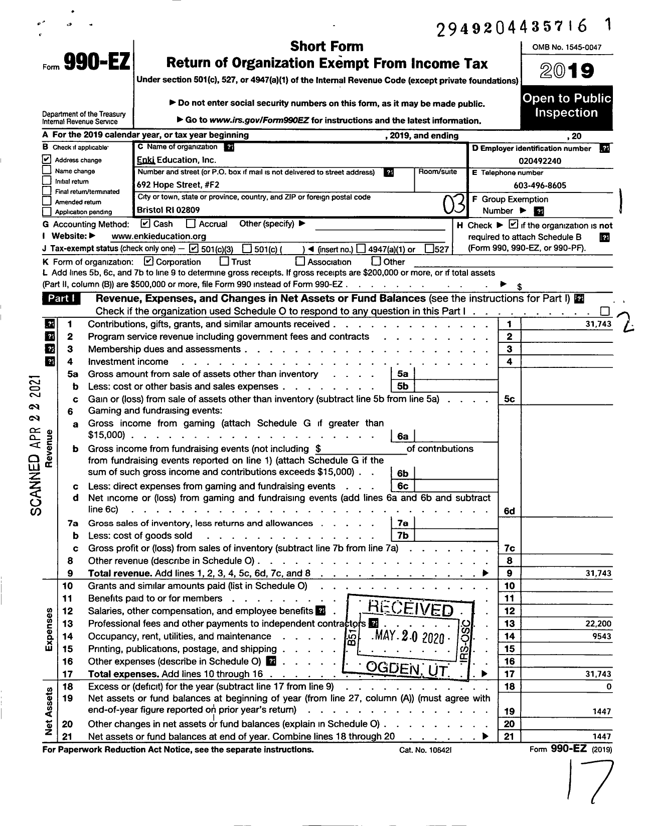 Image of first page of 2019 Form 990EZ for Enki Education Incorporated