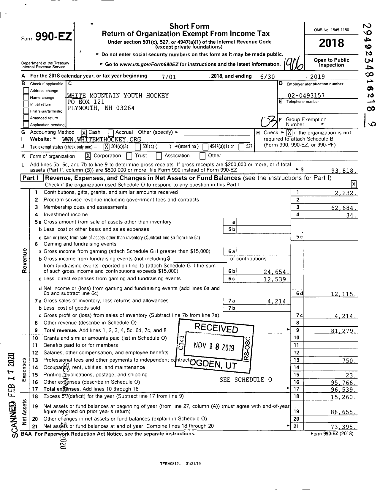 Image of first page of 2018 Form 990EZ for White Mountain Youth Hockey