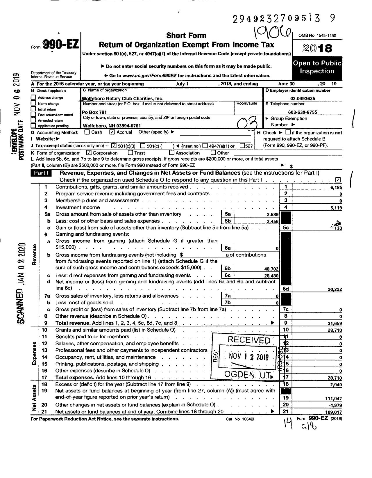 Image of first page of 2018 Form 990EZ for Wolfeboro Rotary Club Charities