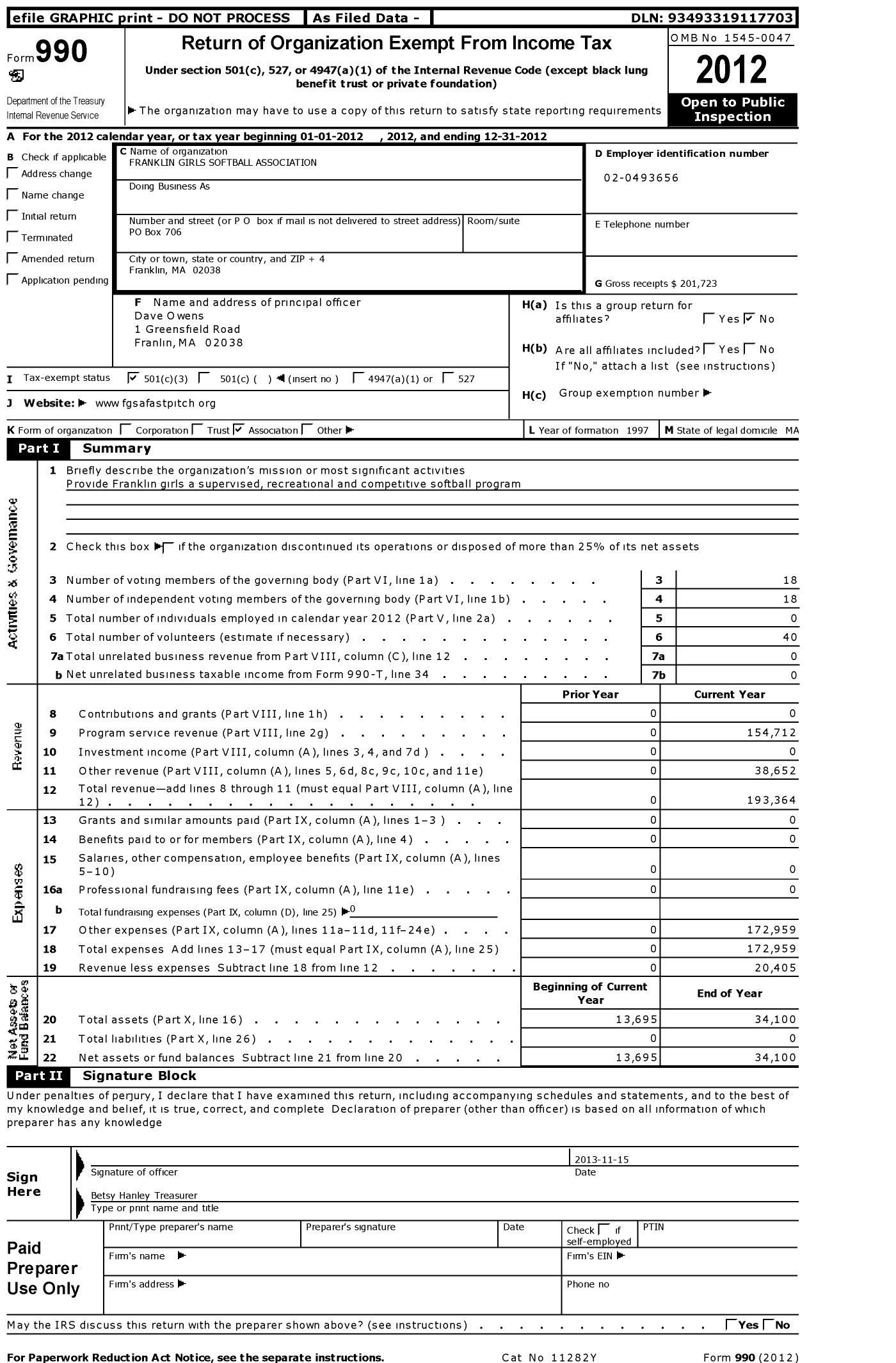 Image of first page of 2012 Form 990 for Franklin Girls Softball Association