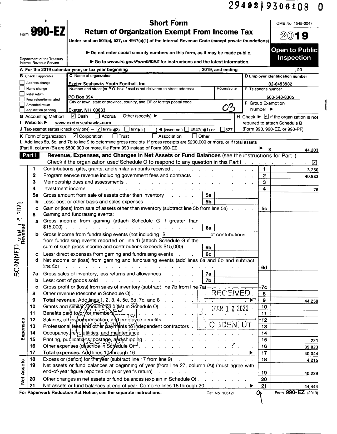 Image of first page of 2019 Form 990EZ for Exeter Seahawks Youth Football