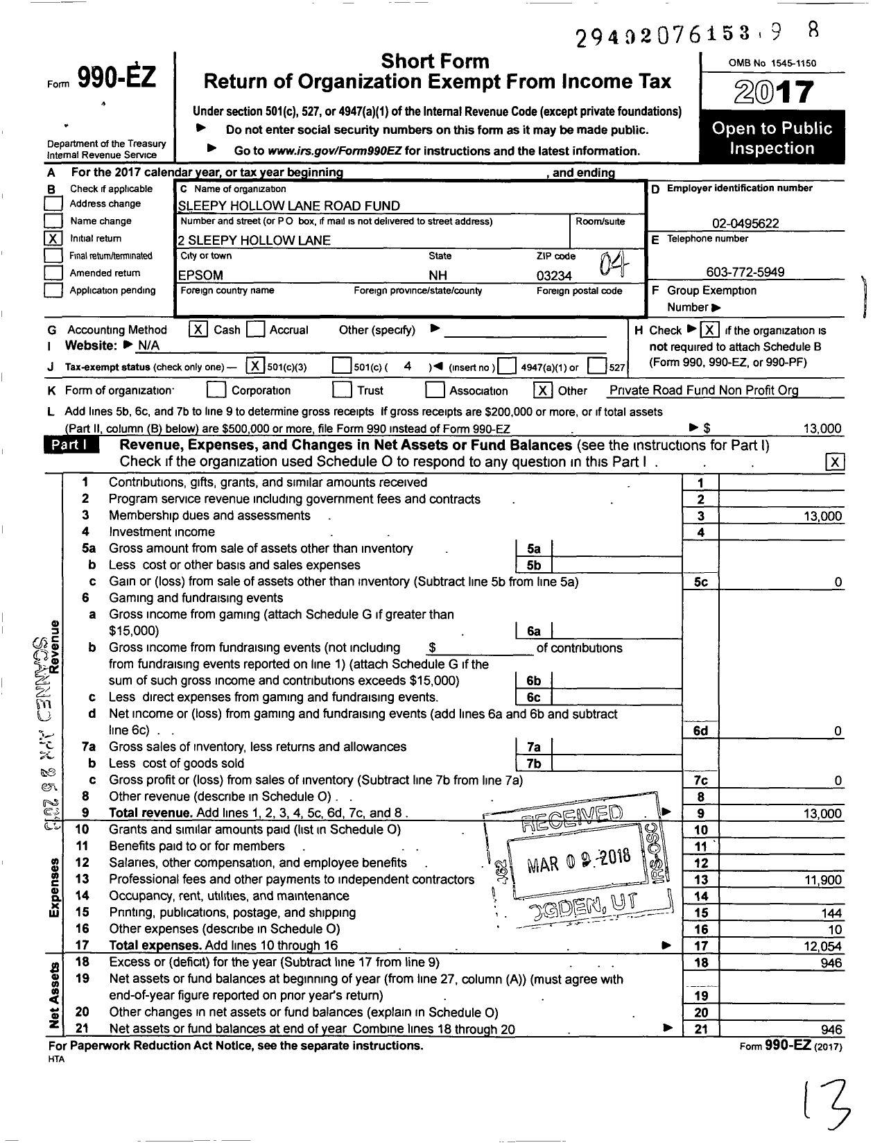 Image of first page of 2017 Form 990EO for Sleepy Hollow Lane Road Fund