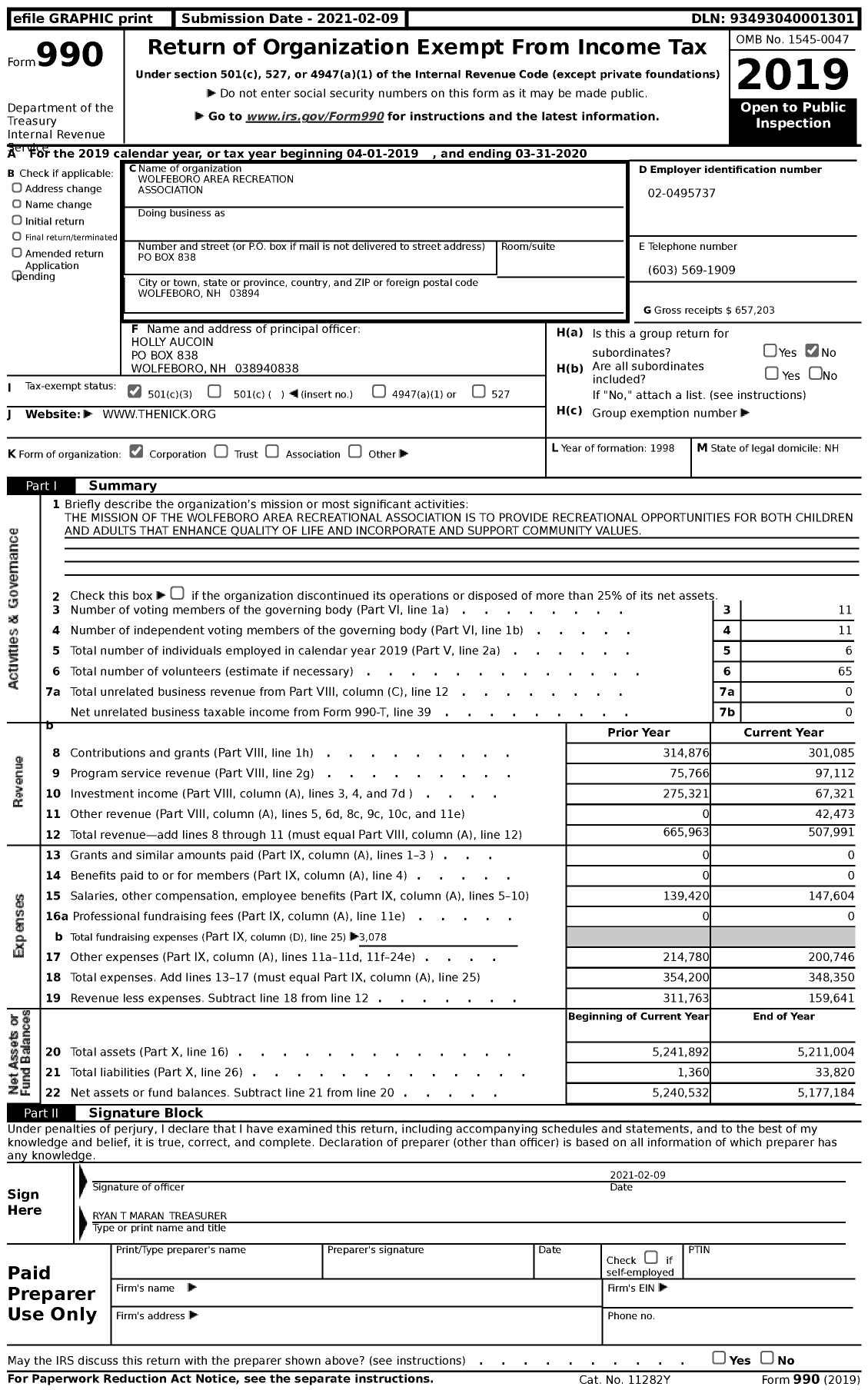 Image of first page of 2019 Form 990 for Wolfeboro Area Recreation Association