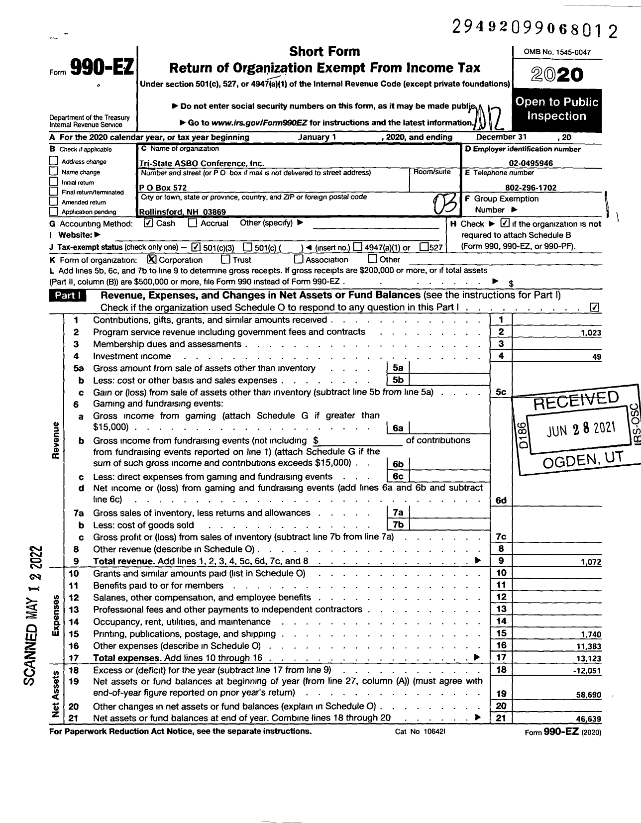 Image of first page of 2020 Form 990EZ for Tri-State Association of School Business Officials Conference