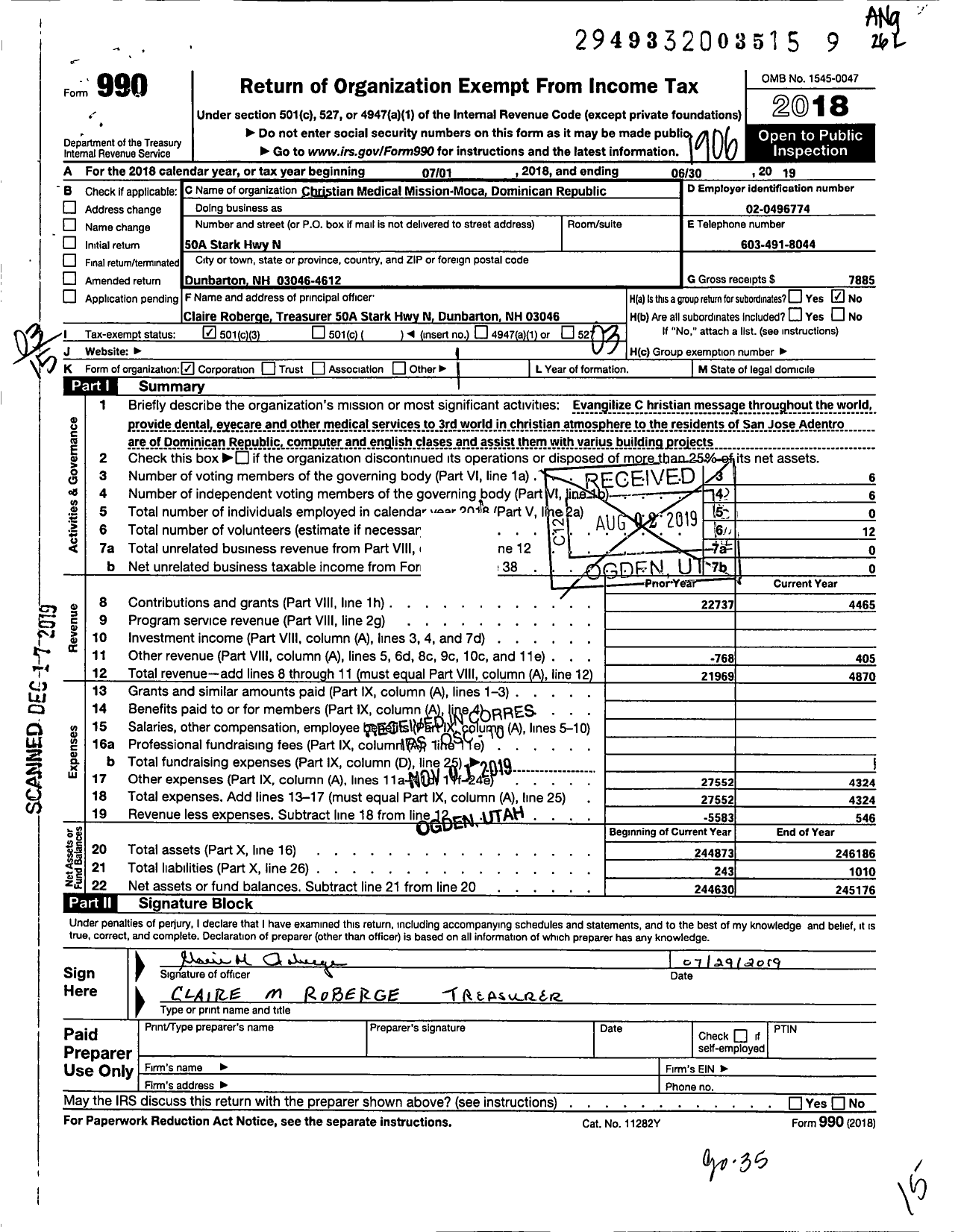 Image of first page of 2018 Form 990 for Christian Medical Mission-Moca Dominican Republic