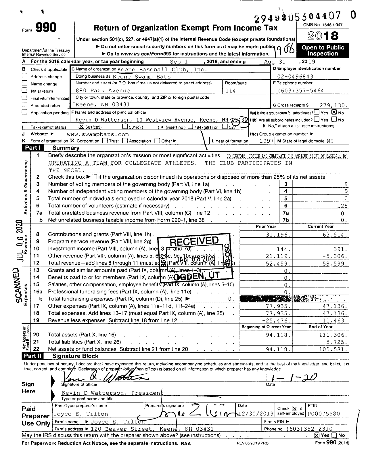 Image of first page of 2018 Form 990 for Keene Swamp Bats