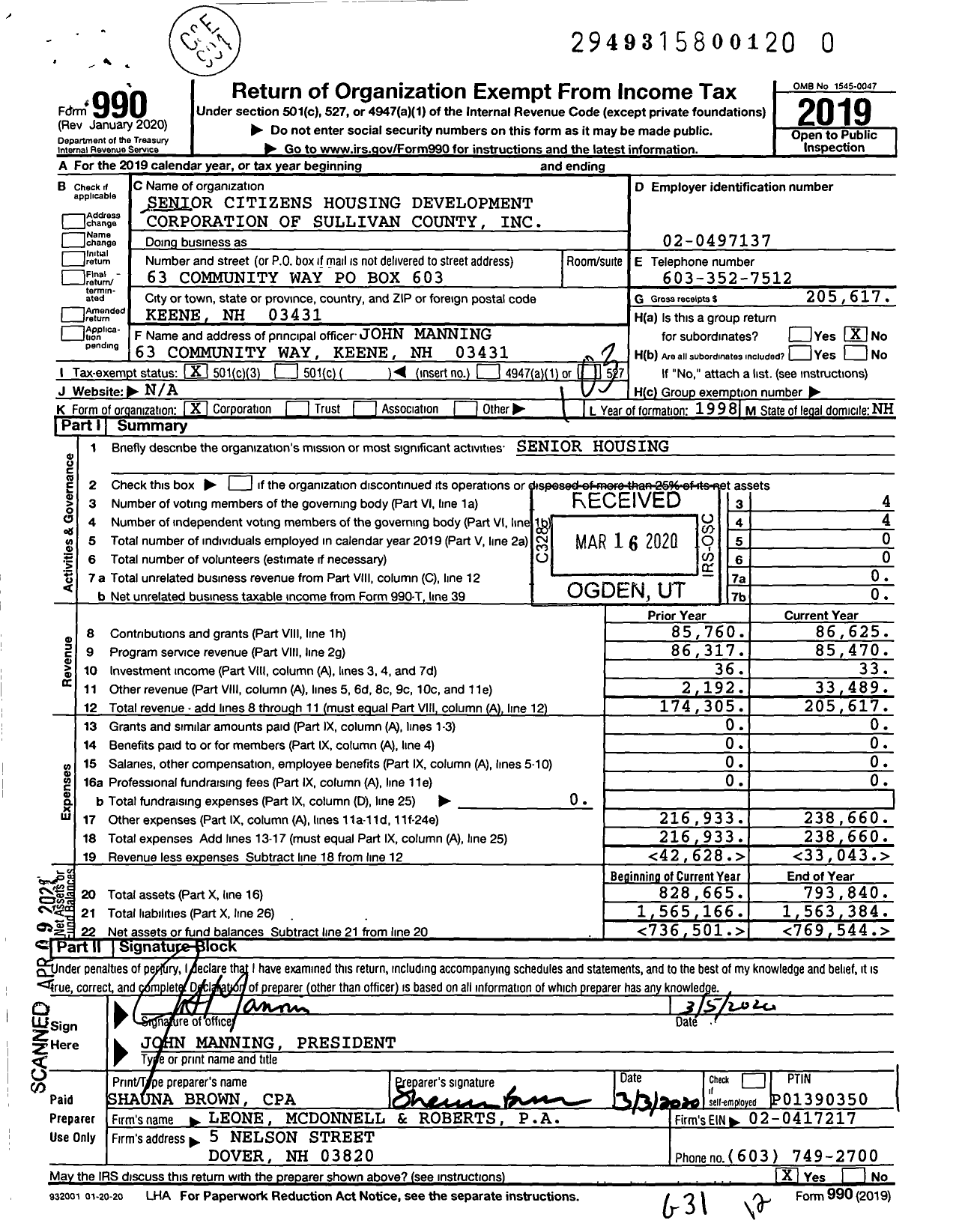 Image of first page of 2019 Form 990 for Senior Citizens Housing Development