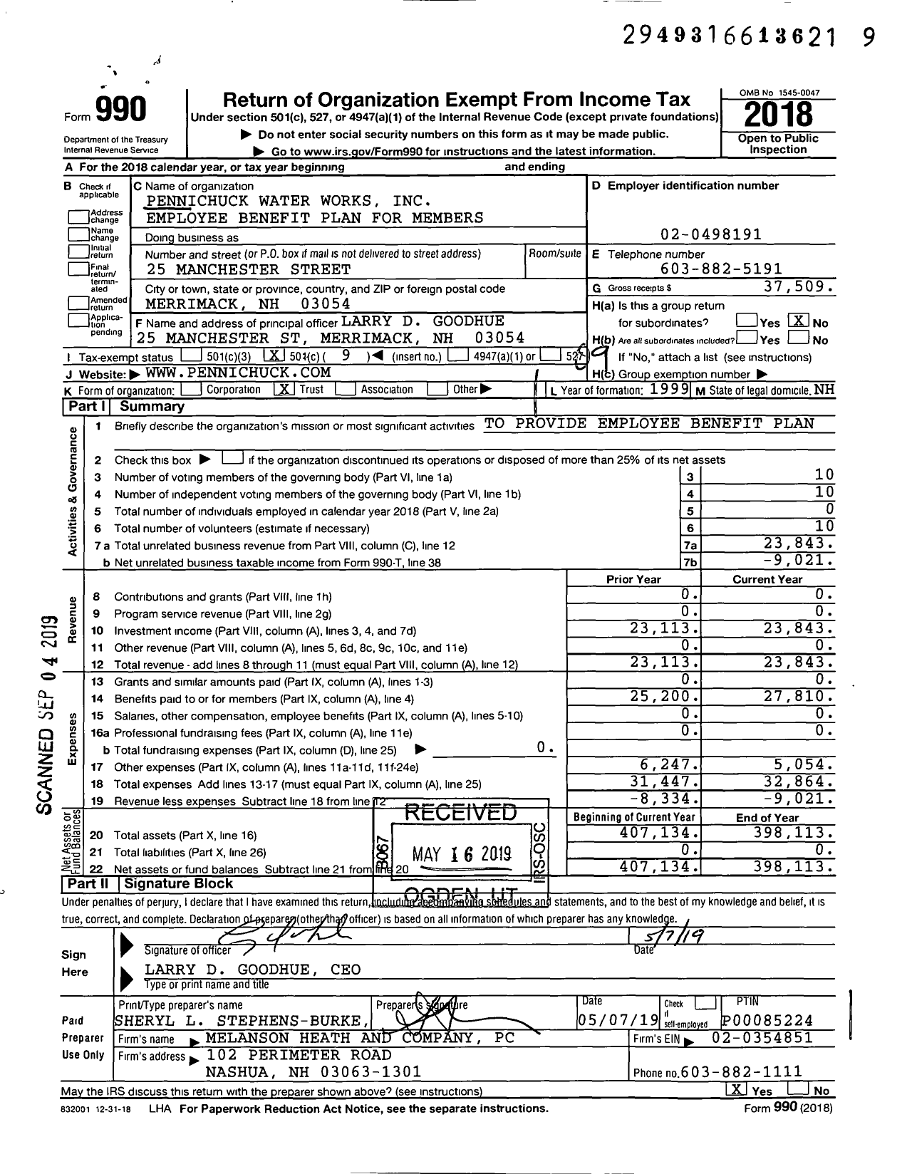 Image of first page of 2018 Form 990O for Pennichuck Water Works Employee Benefit Plan for Members