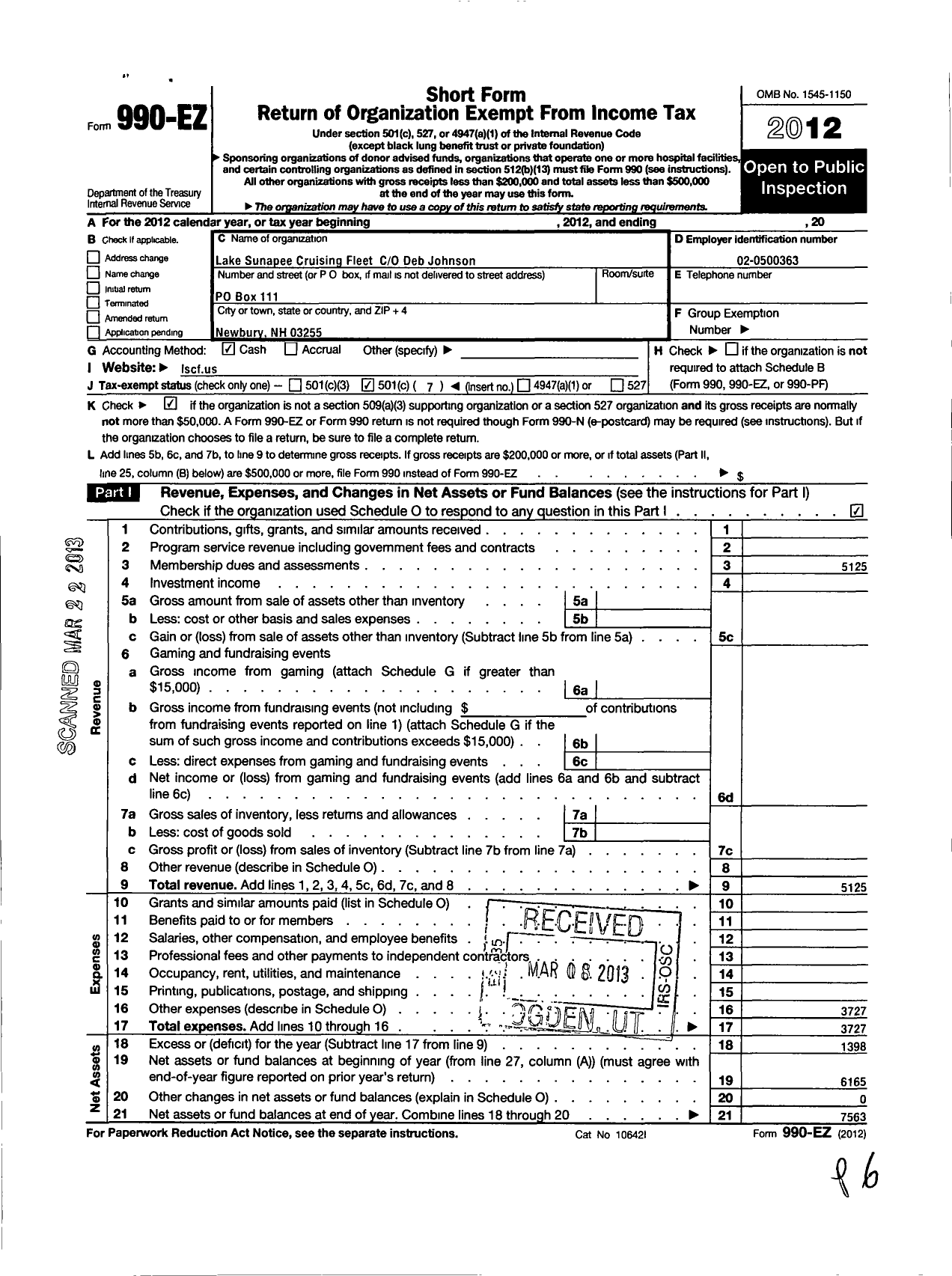 Image of first page of 2012 Form 990EO for Lake Sunapee Cruising Fleet