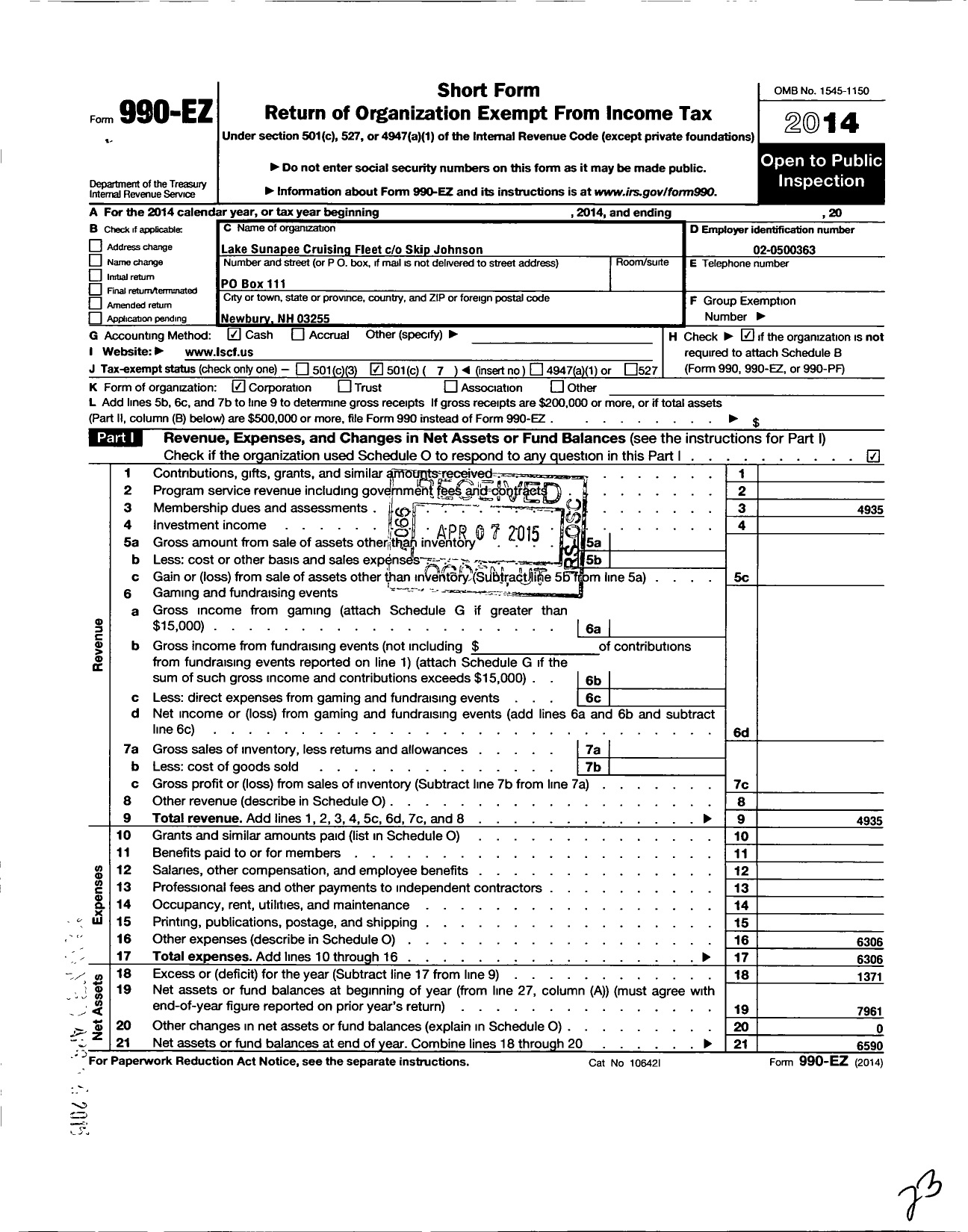 Image of first page of 2014 Form 990EO for Lake Sunapee Cruising Fleet