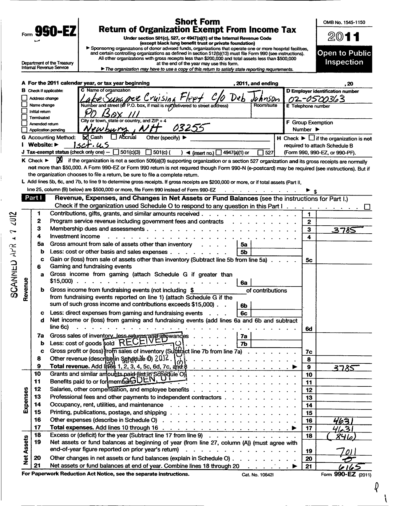 Image of first page of 2011 Form 990EO for Lake Sunapee Cruising Fleet