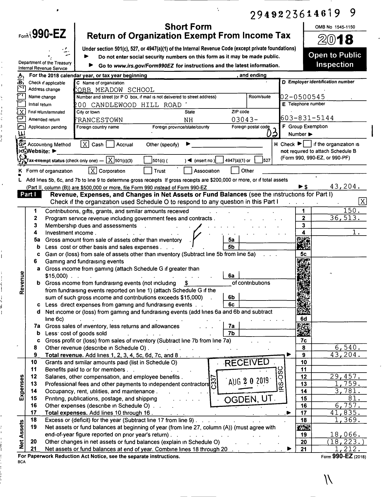 Image of first page of 2018 Form 990EZ for Cobb Meadow School
