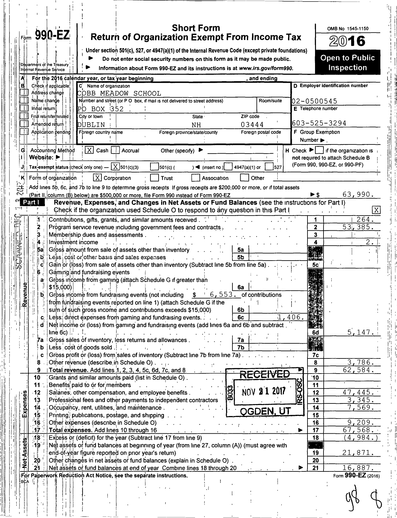 Image of first page of 2016 Form 990EZ for Cobb Meadow School