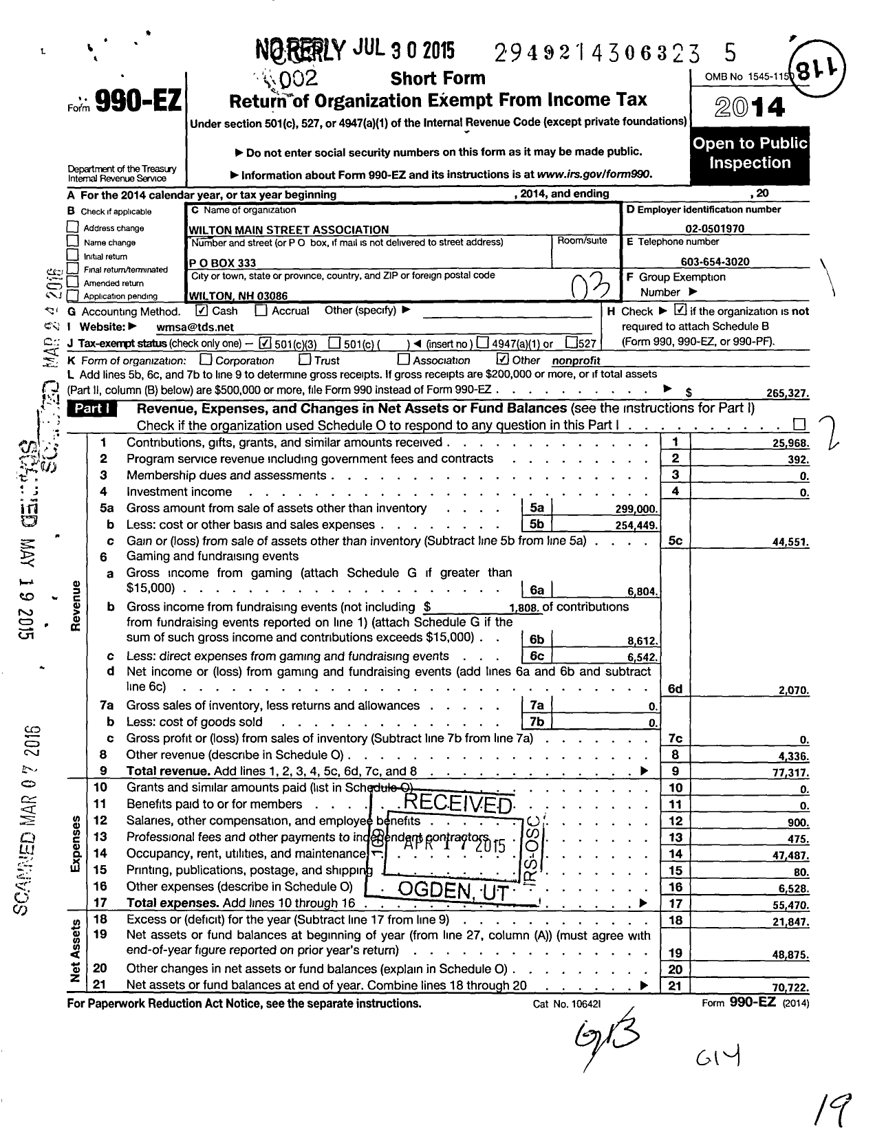 Image of first page of 2014 Form 990EZ for Wilton Main Street Association