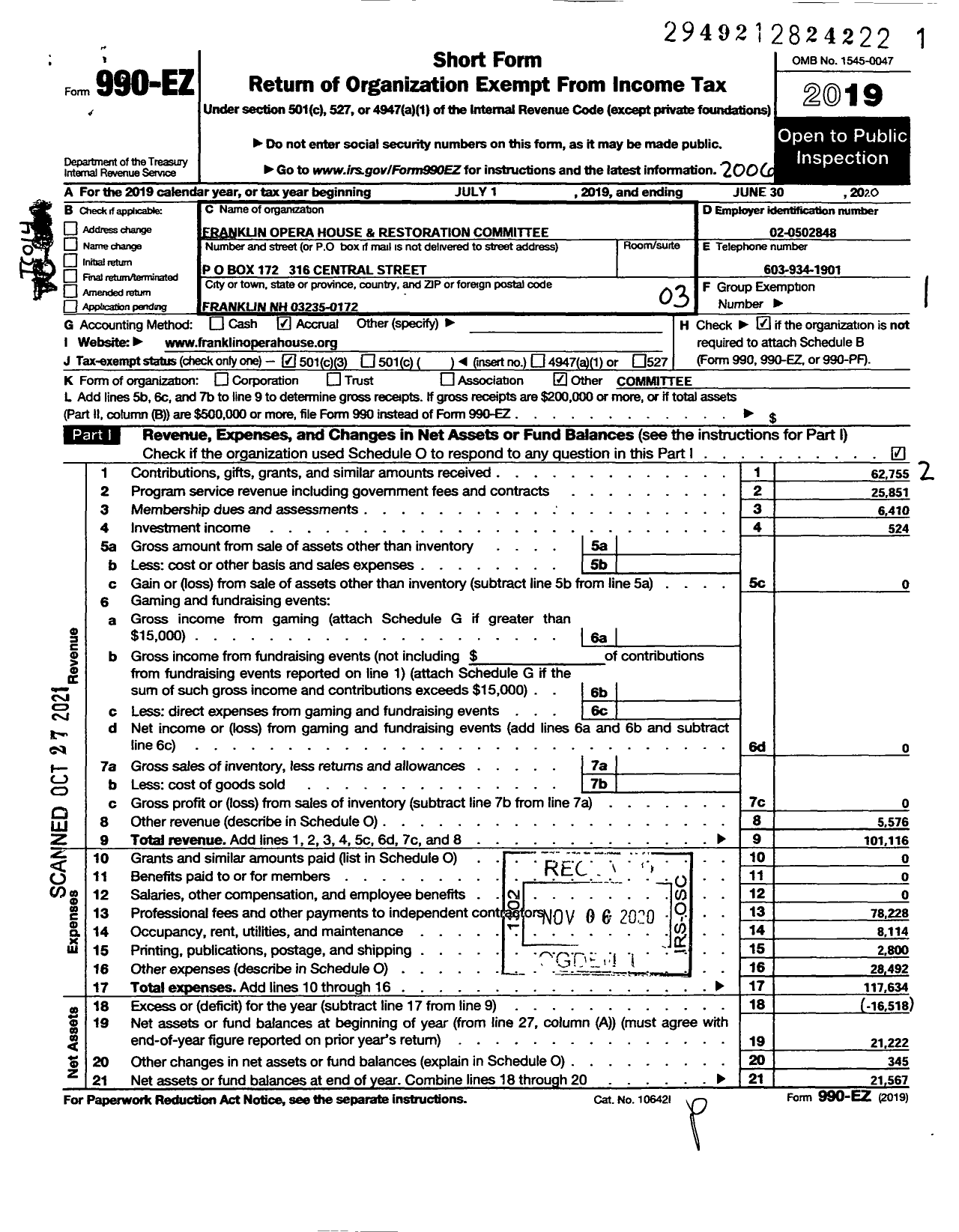 Image of first page of 2019 Form 990EZ for Franklin Opera House