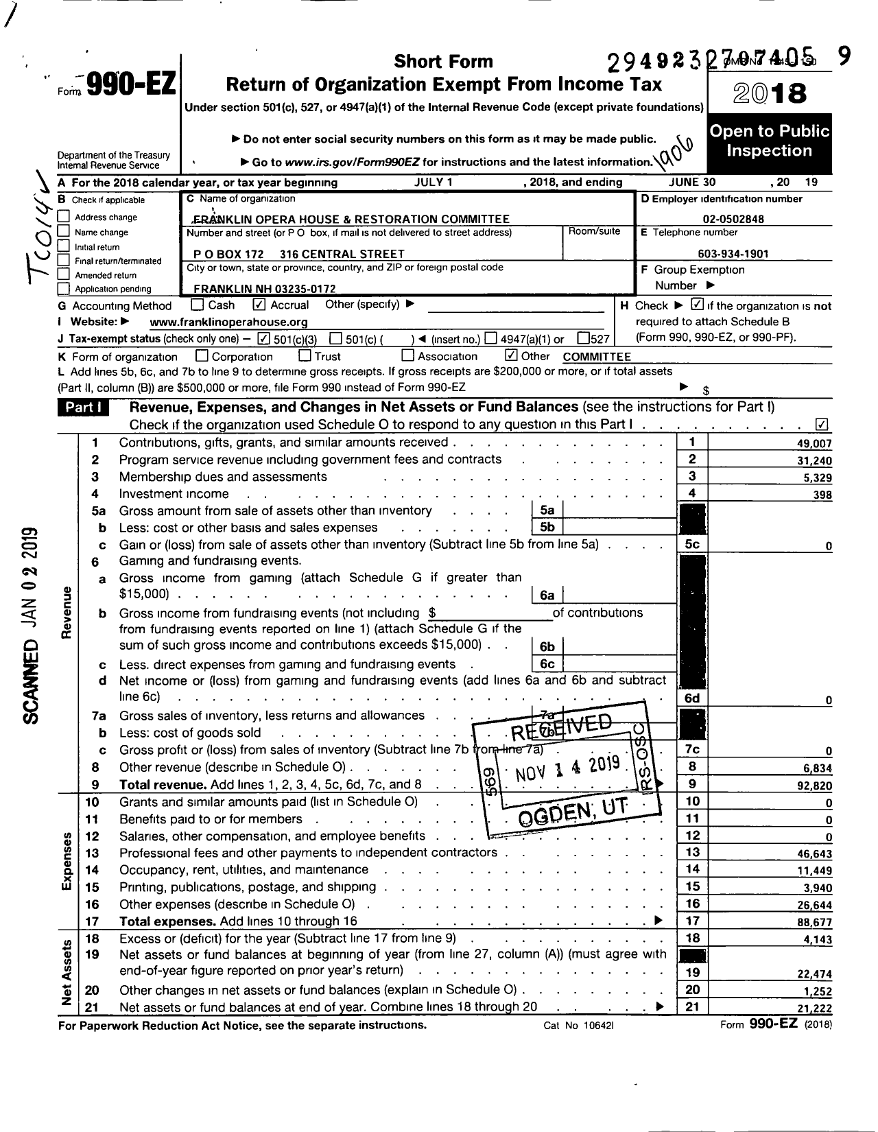 Image of first page of 2018 Form 990EZ for Franklin Opera House