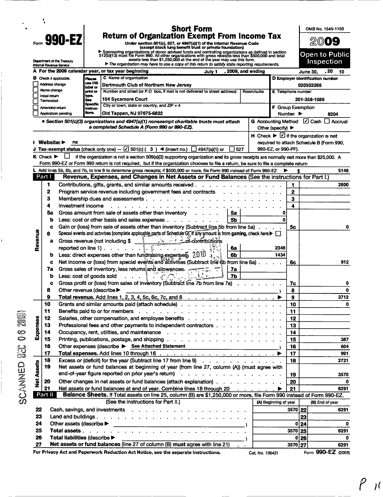 Image of first page of 2009 Form 990EZ for Trustees of Dartmouth College / Dartmouth Club of No New Jersey