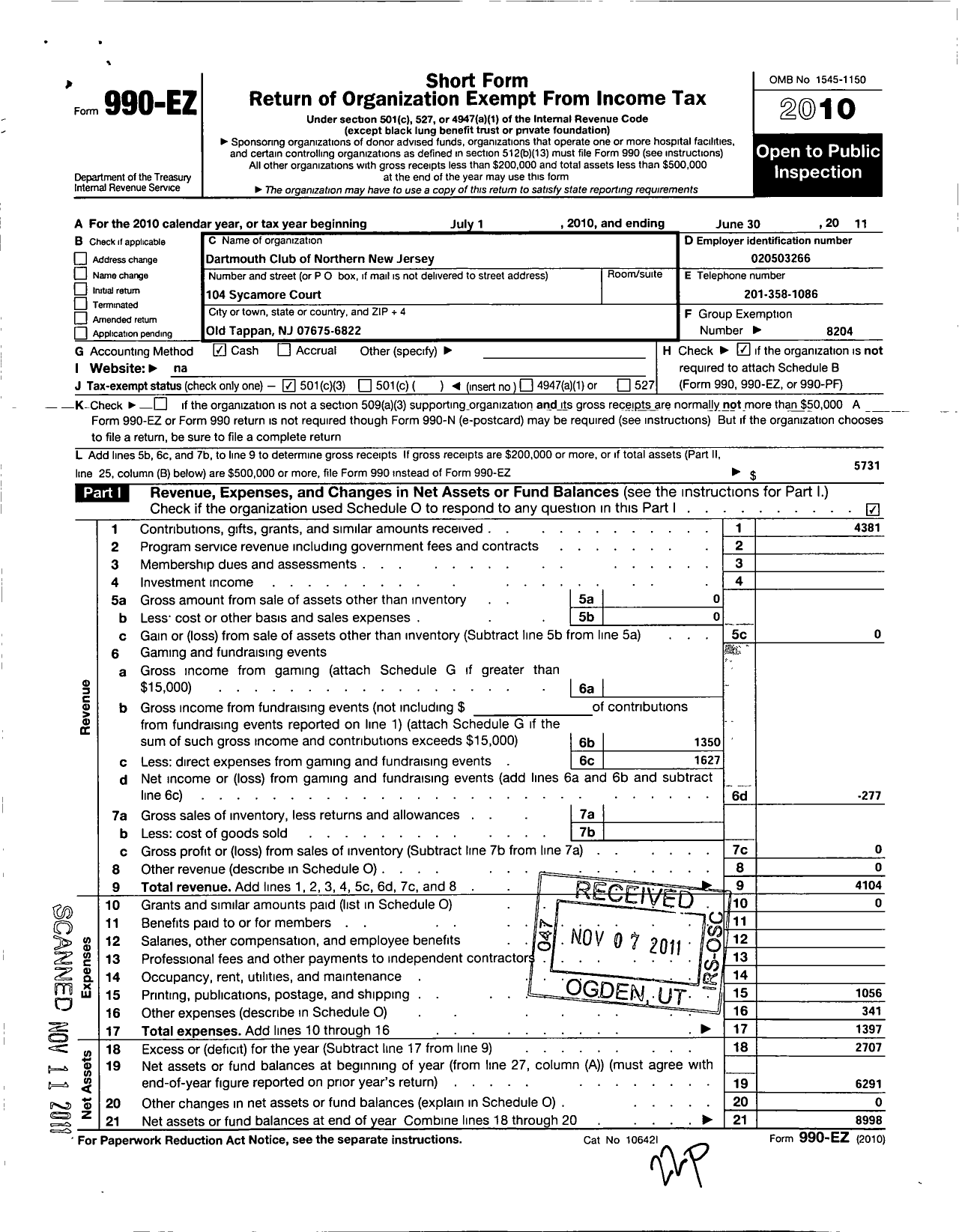 Image of first page of 2010 Form 990EZ for Trustees of Dartmouth College / Dartmouth Club of No New Jersey