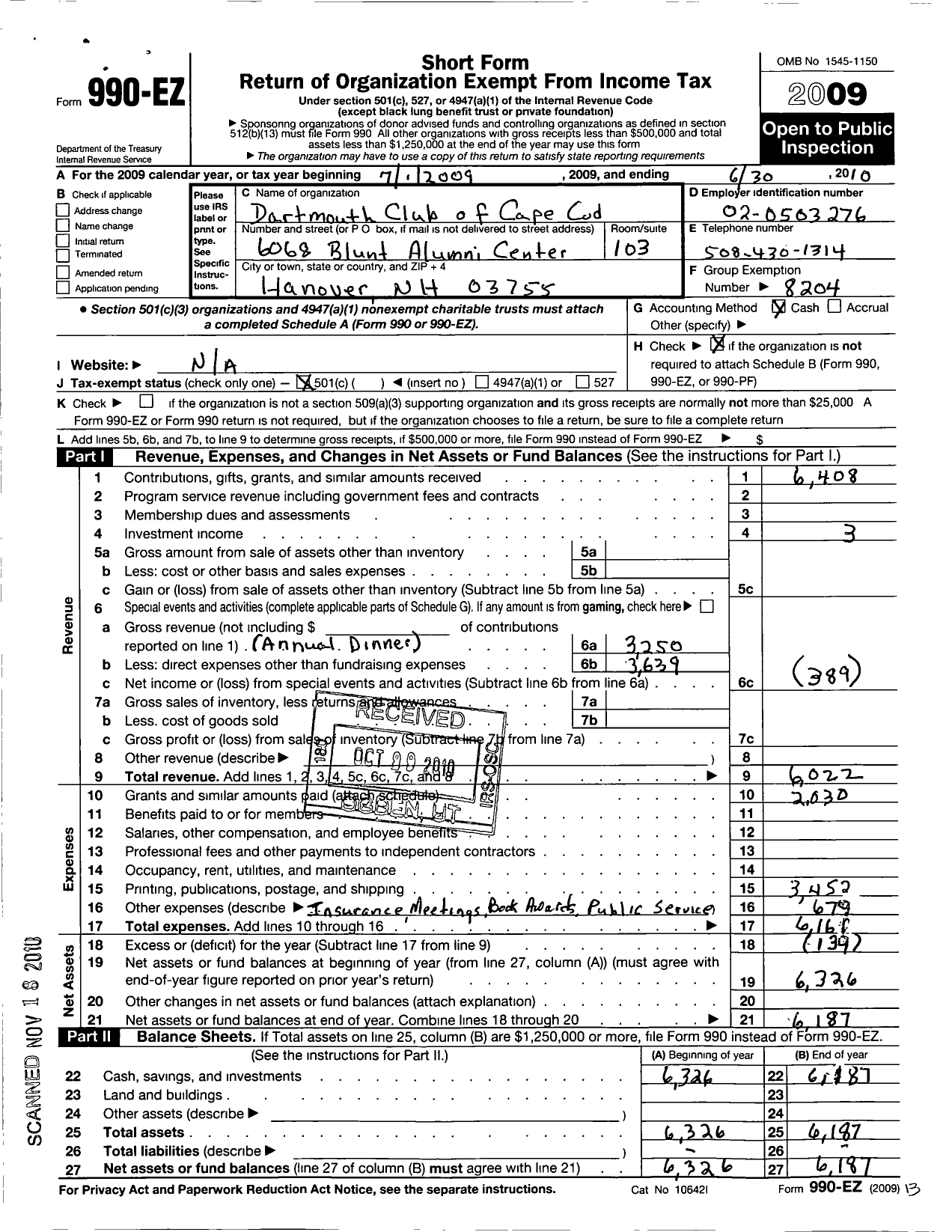 Image of first page of 2009 Form 990EO for Trustees of Dartmouth College / Dartmouth Club of Cape Cod