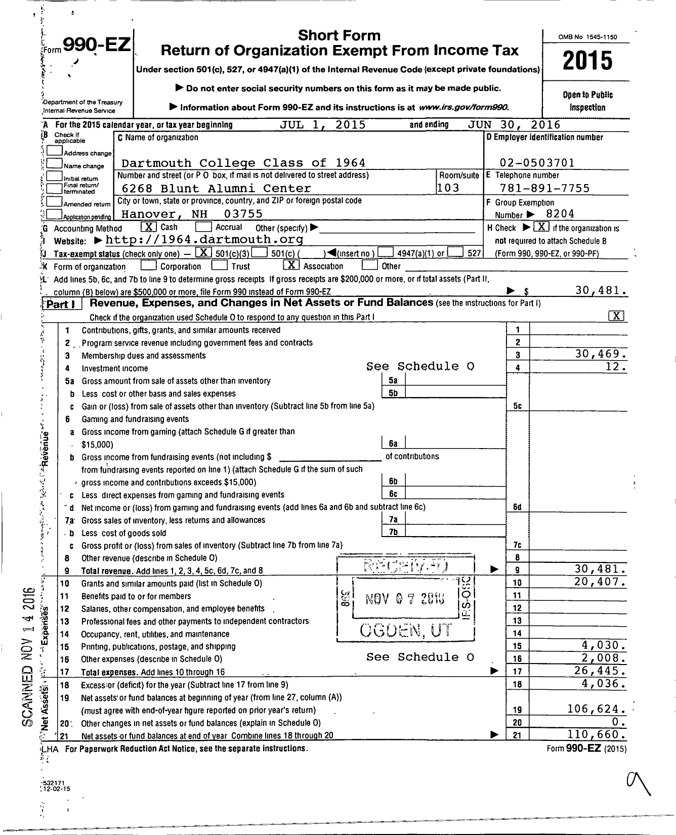 Image of first page of 2015 Form 990EZ for Trustees of Dartmouth College - 1964 Dartmouth Class