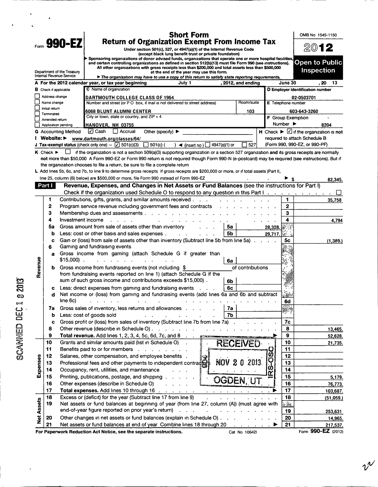 Image of first page of 2012 Form 990EZ for Trustees of Dartmouth College - 1964 Dartmouth Class