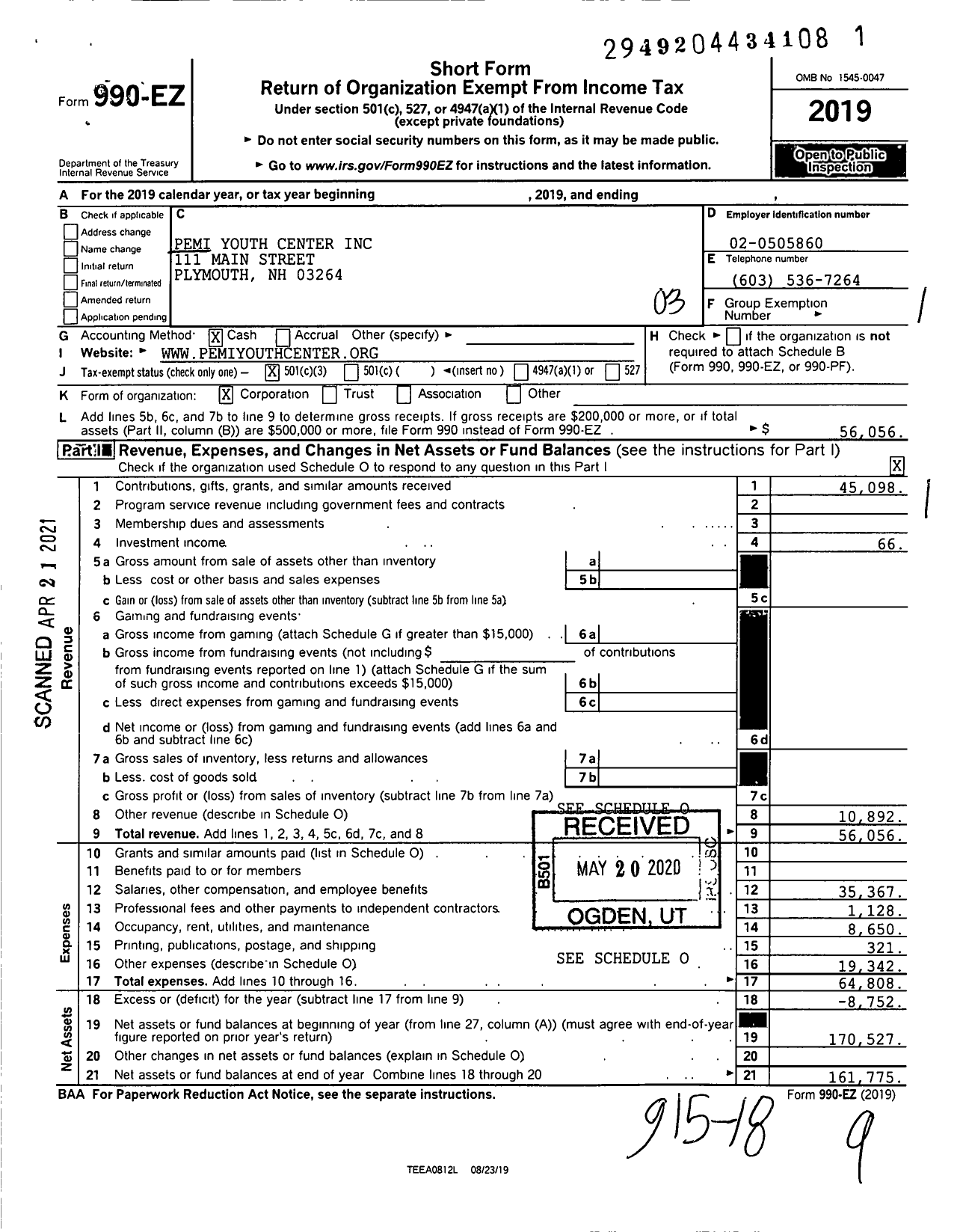 Image of first page of 2019 Form 990EZ for Pemi Youth Center