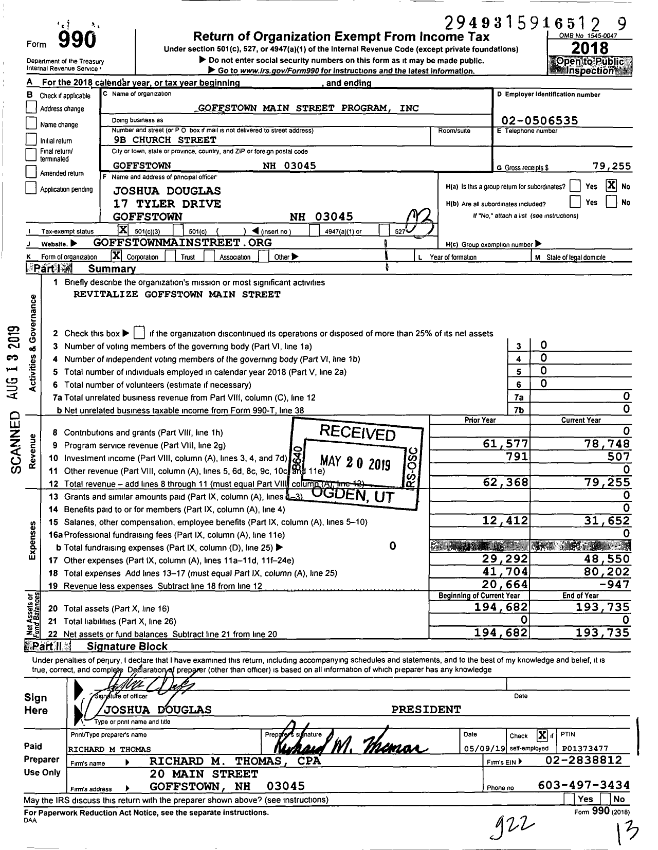 Image of first page of 2018 Form 990 for Goffstown Main Street Program